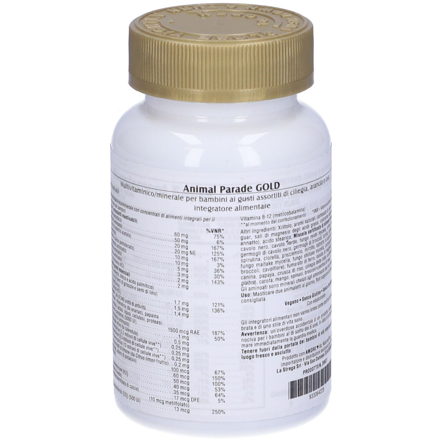 Retro del flacone Animal Parade Gold. Informazioni sugli ingredienti e i valori nutrizionali.