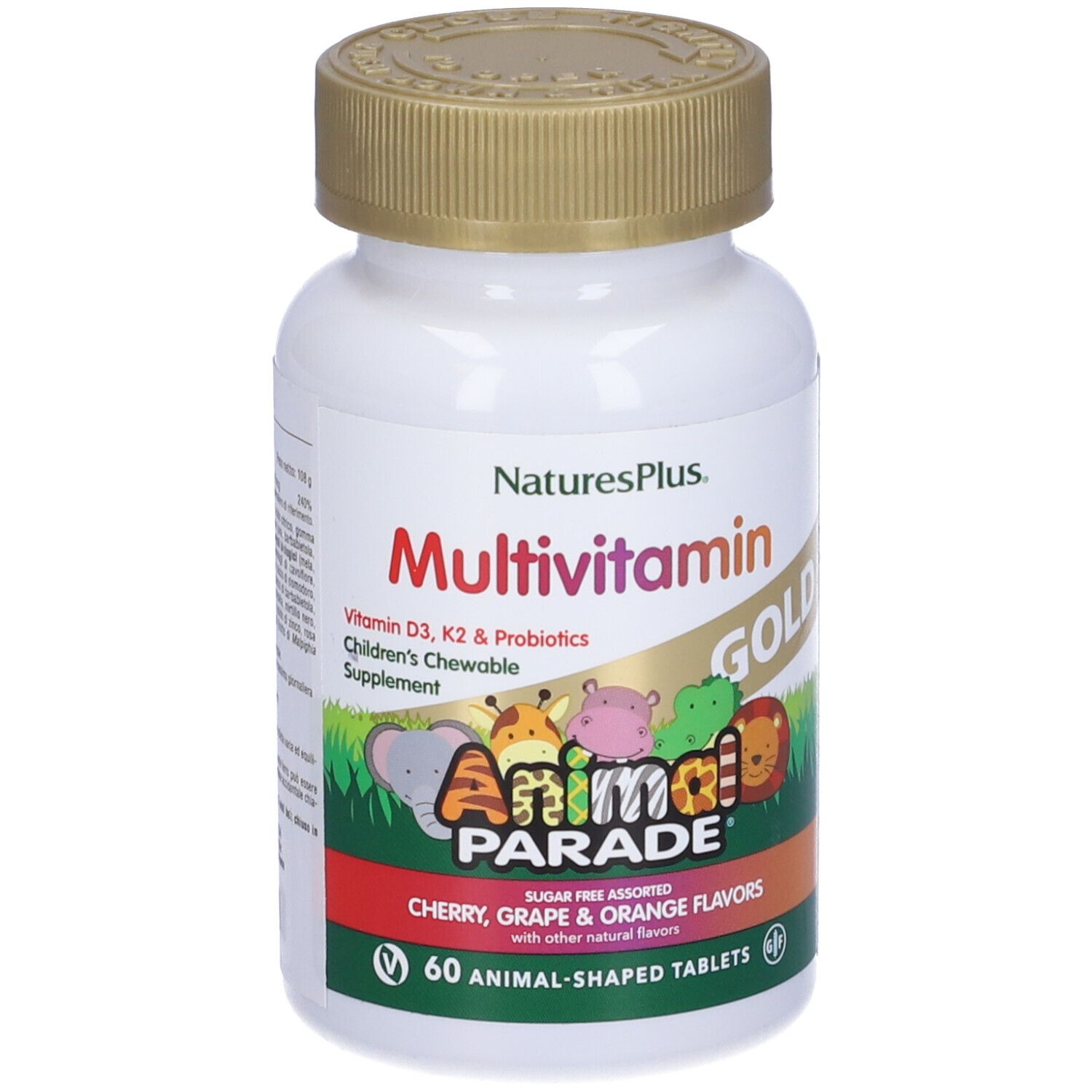 Flacone Animal Parade Gold Multivitamin. 60 compresse a forma di animali. Gusti ciliegia, uva e arancia.