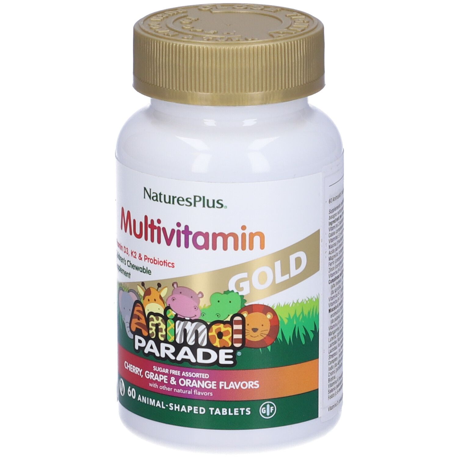 Flacone Animal Parade Gold Multivitamin. 60 compresse a forma di animali. Gusti ciliegia, uva e arancia.