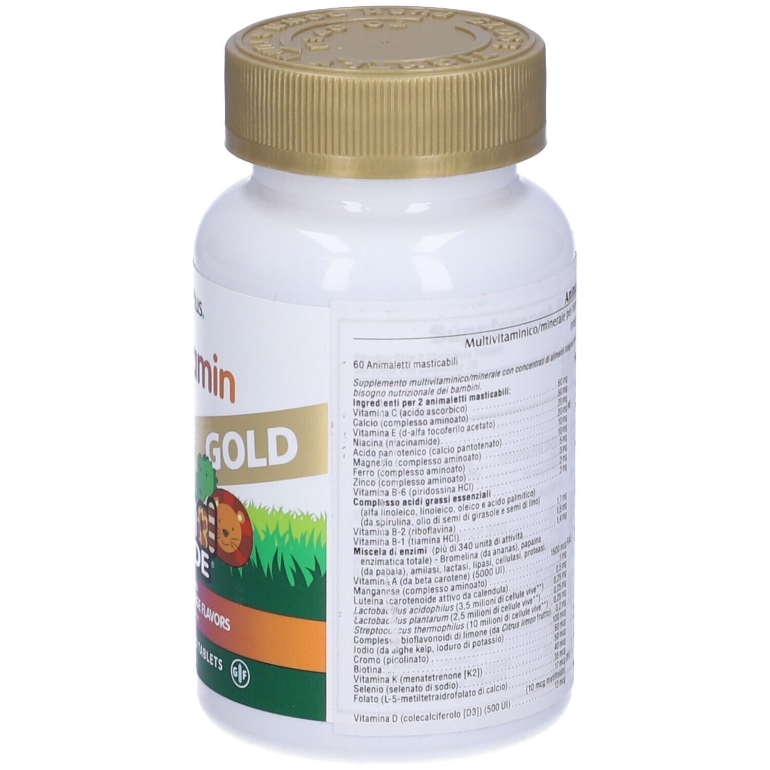 Retro del flacone Animal Parade Gold. Informazioni sugli ingredienti e i valori nutrizionali.