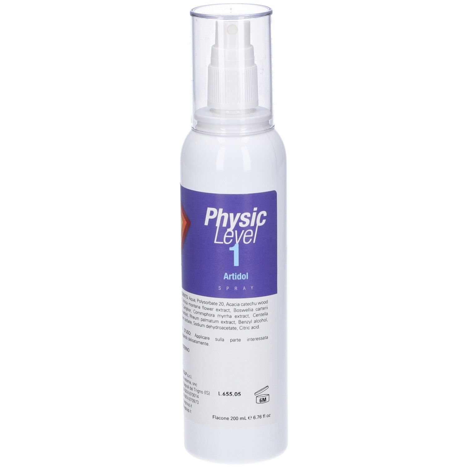 Flacone spray bianco con tappo trasparente. Etichetta viola con testo. Flacone in piedi.