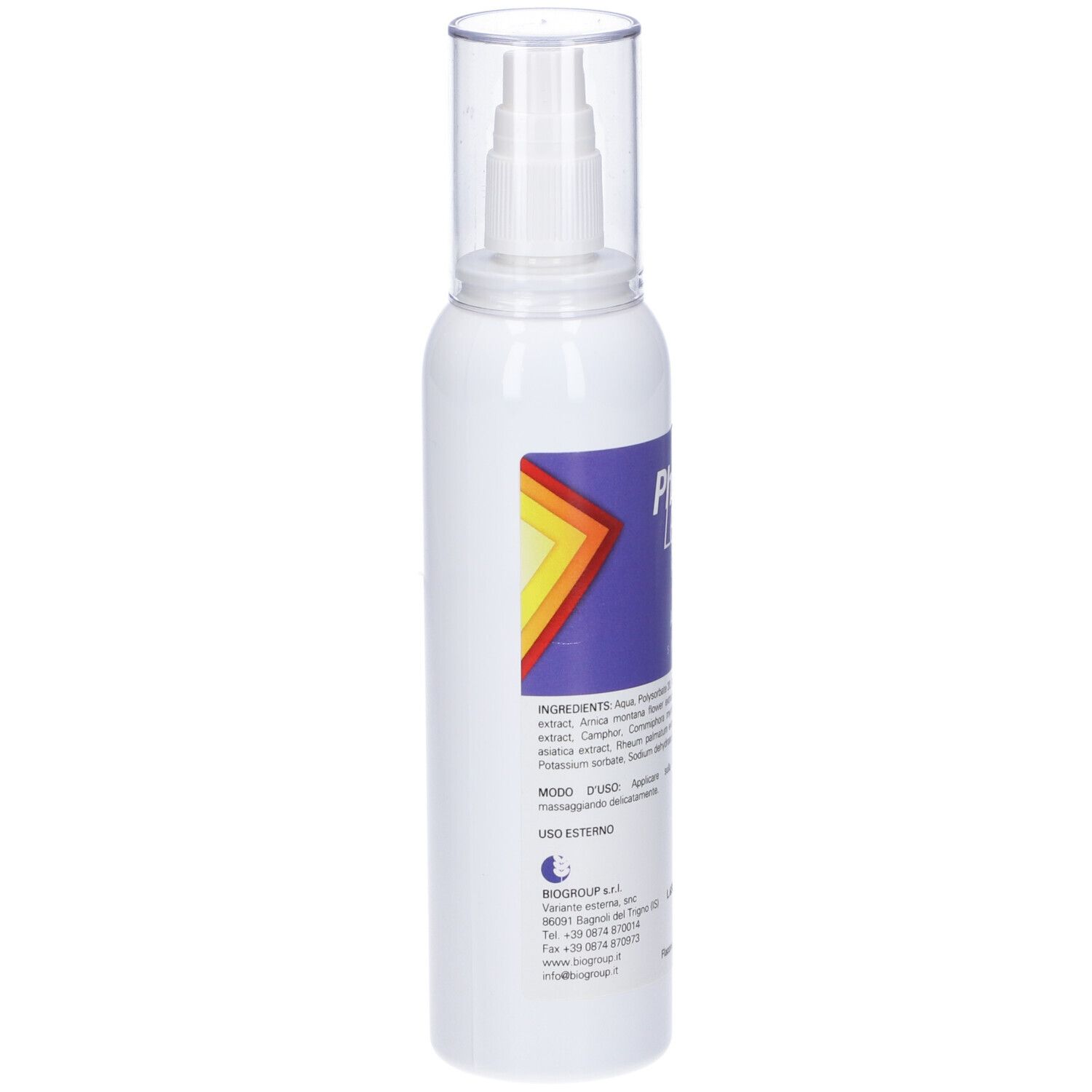 Flacone spray bianco con tappo trasparente. Etichetta viola con testo. Flacone in piedi.