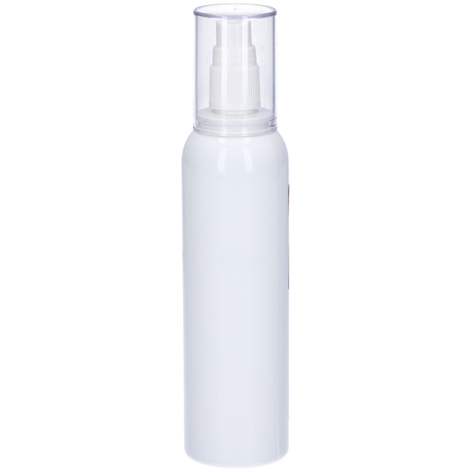 Flacone spray bianco con tappo trasparente. Flacone in piedi.
