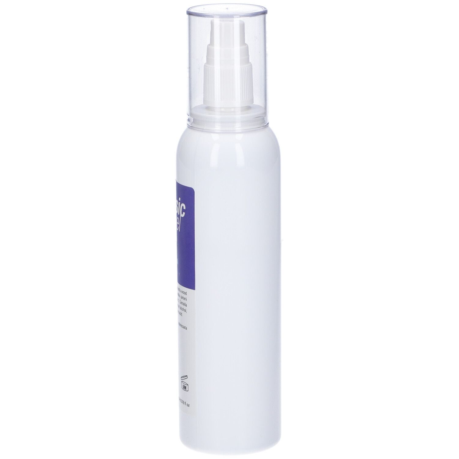 Flacone spray bianco con tappo trasparente. Flacone in piedi.
