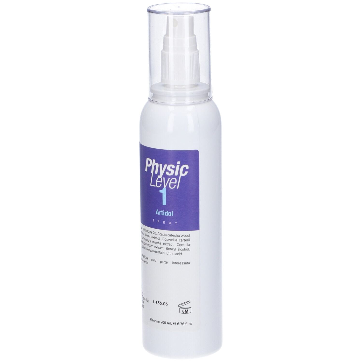 Flacone spray bianco con tappo trasparente. Etichetta viola con testo. Flacone in piedi.