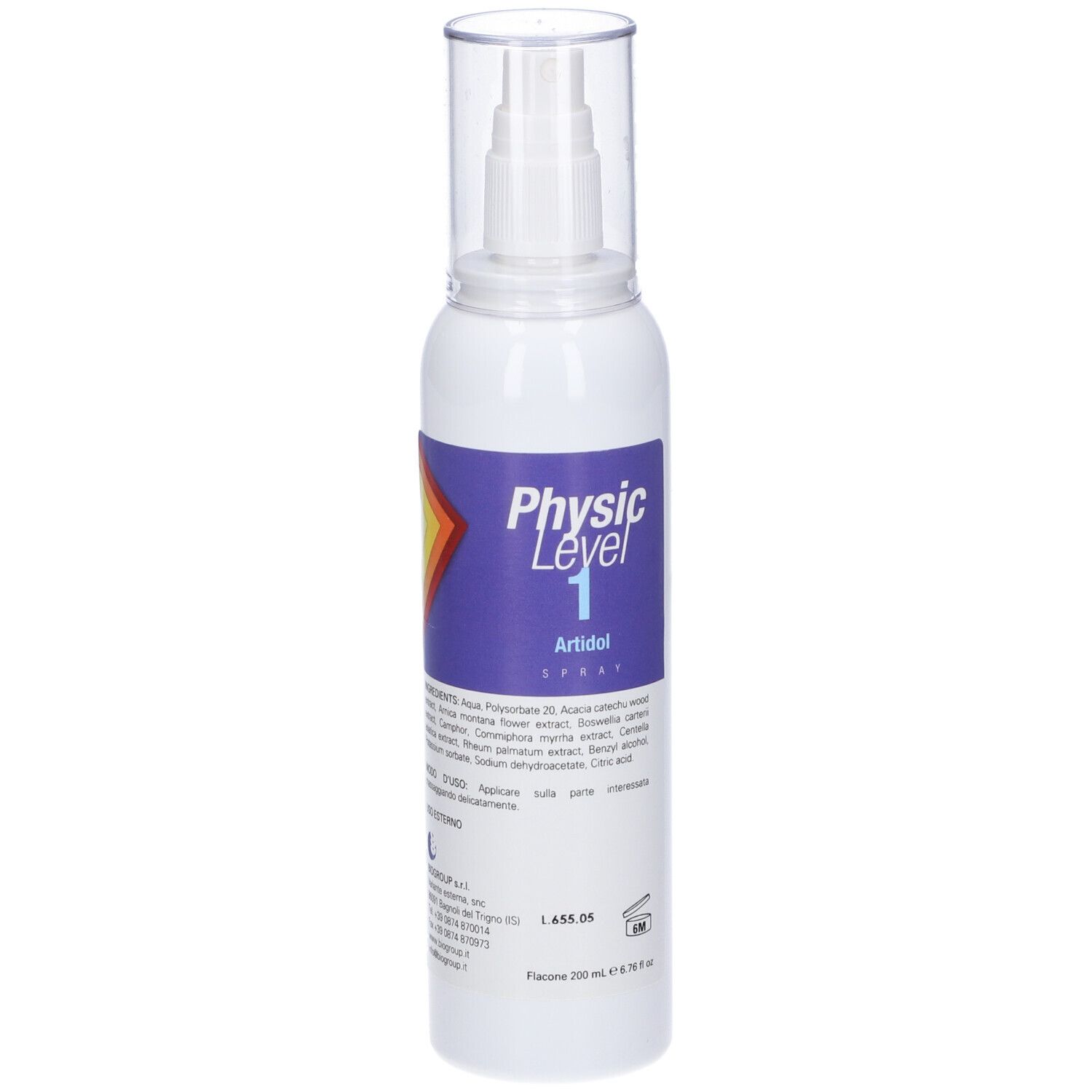 Flacone spray bianco con tappo trasparente. Etichetta viola con testo. Flacone in piedi.