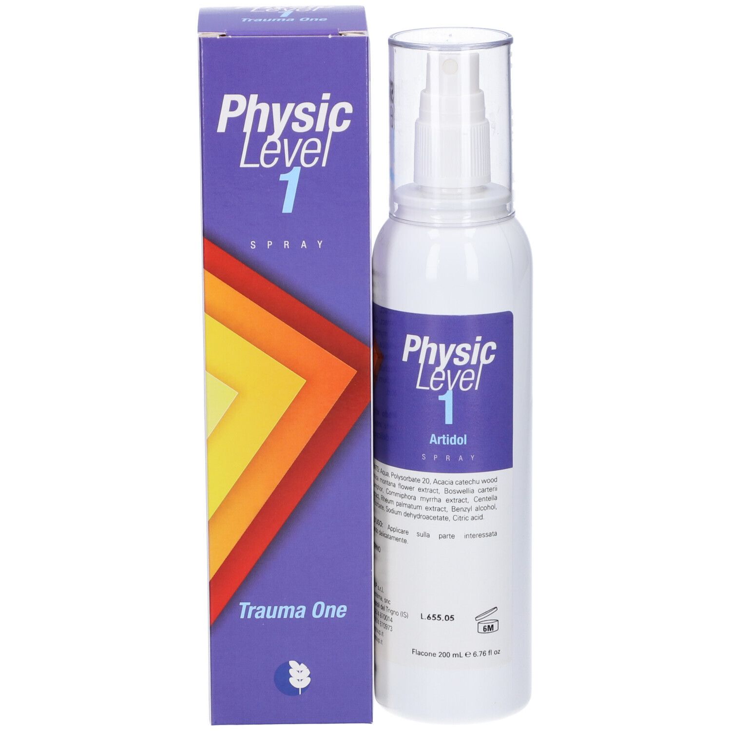 Flacone spray bianco con tappo trasparente e scatola. Etichetta viola con testo. Flacone e scatola.