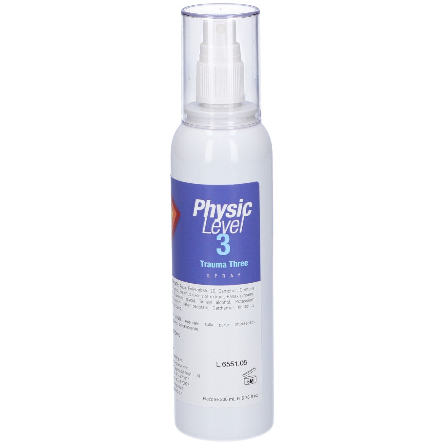 Flacone spray bianco con etichetta blu. Scritta: Physic Level 3 Trauma Three. Tappo trasparente. Informazioni sul prodotto sull'etichetta.