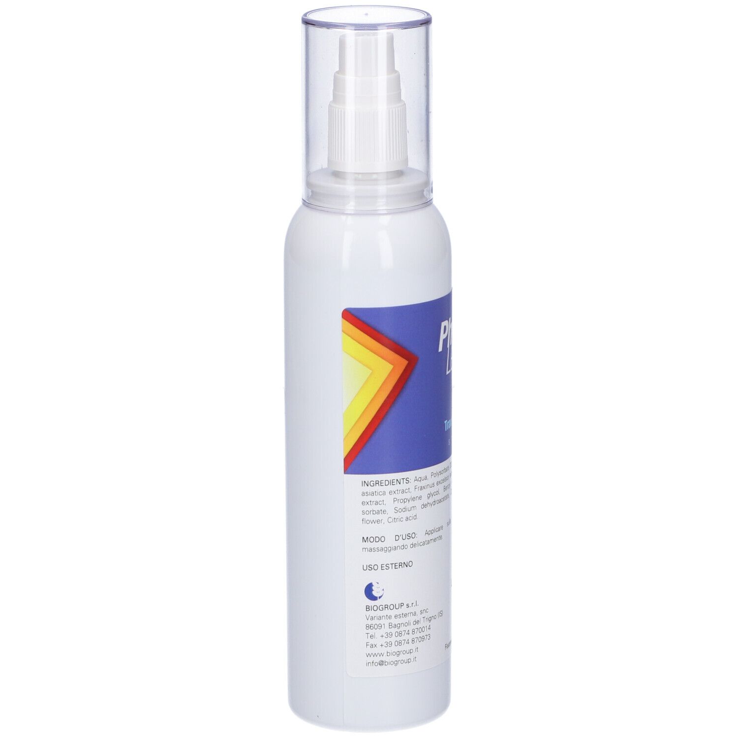 Flacone spray bianco con etichetta blu e logo colorato. Scritta: Physic Level 3 Trauma Three. Tappo trasparente. Informazioni sul prodotto.