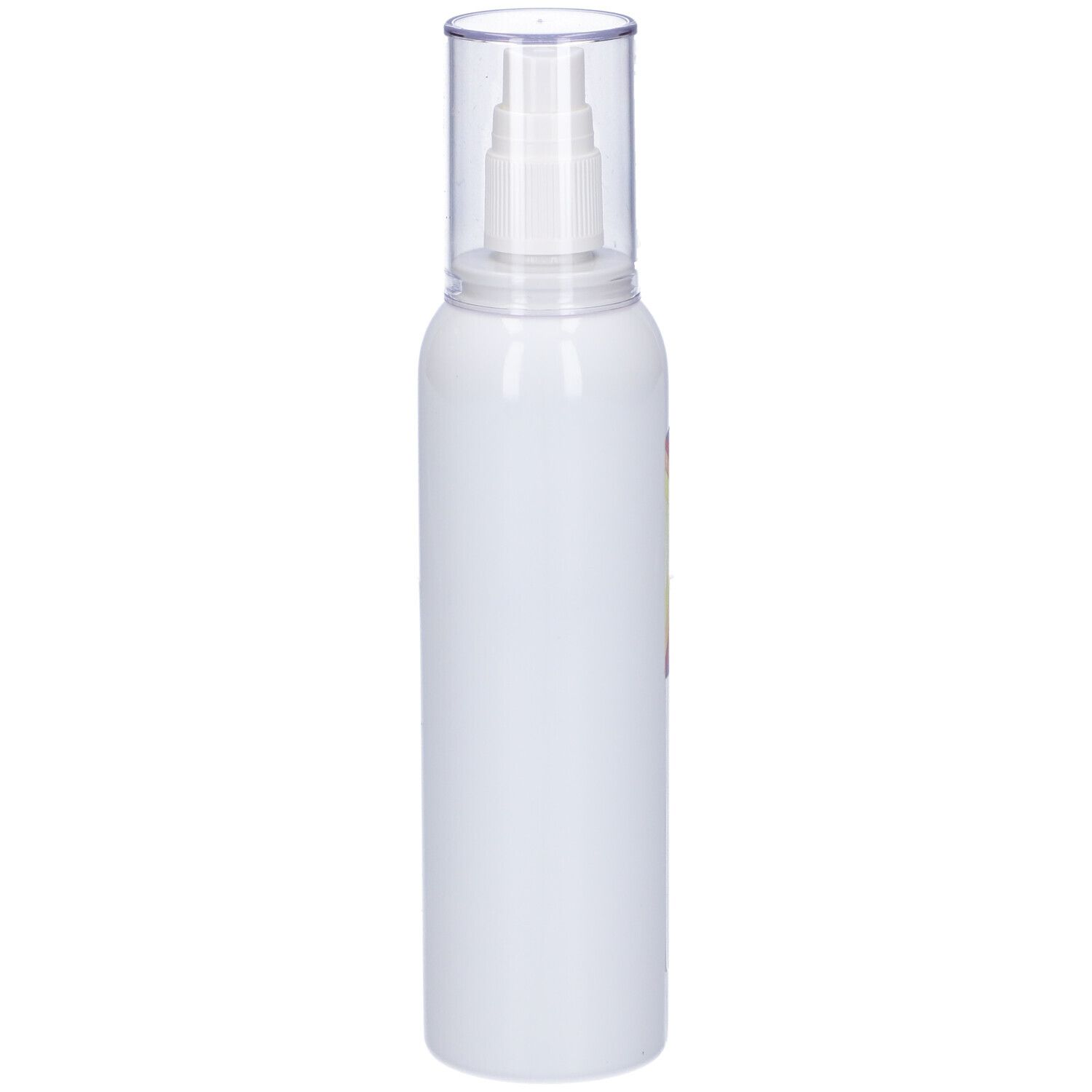 Flacone spray bianco con tappo trasparente. Nessuna informazione sul prodotto visibile. Flacone in posizione verticale.
