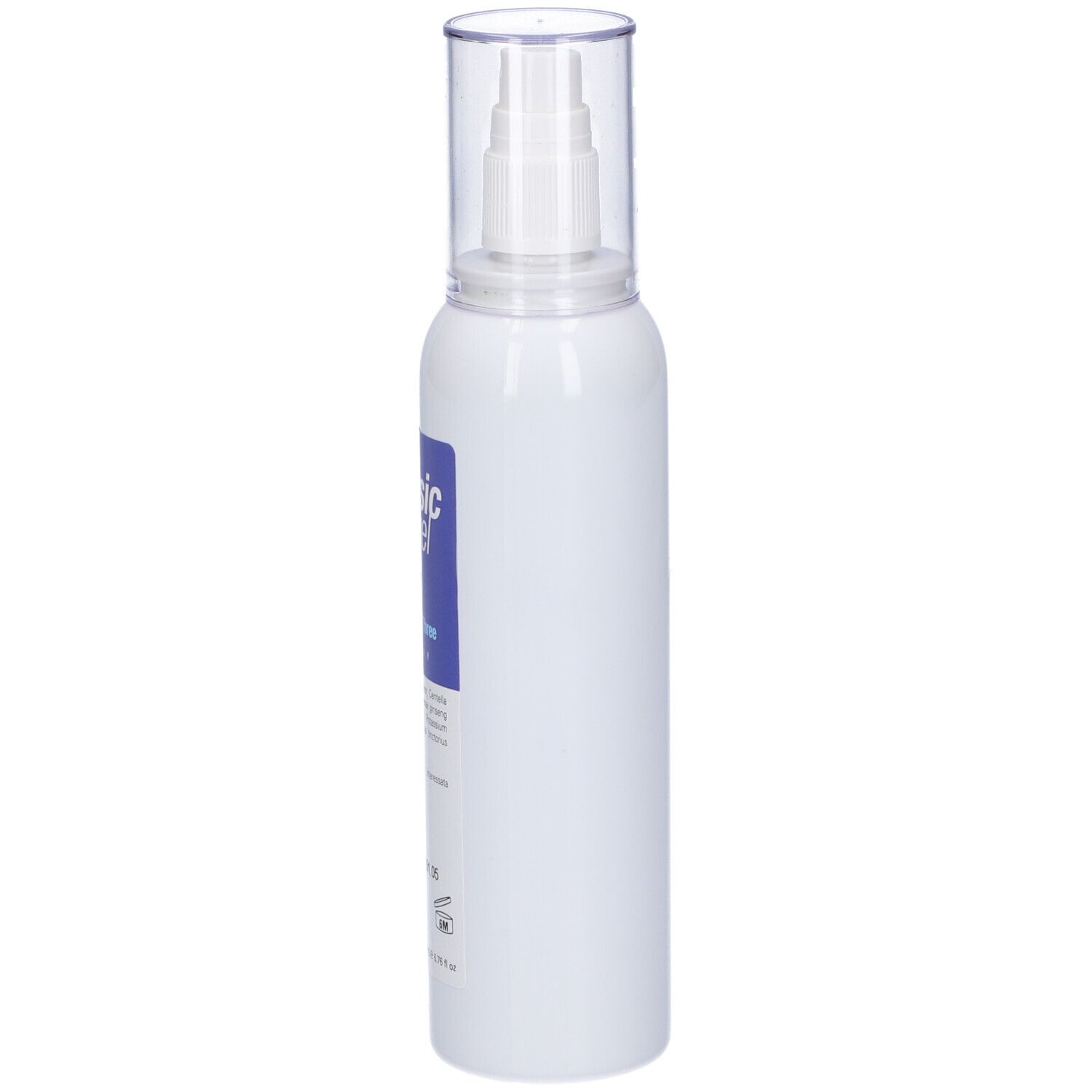 Flacone spray bianco con etichetta blu e tappo trasparente. Informazioni sul prodotto sull'etichetta. Flacone in posizione verticale.