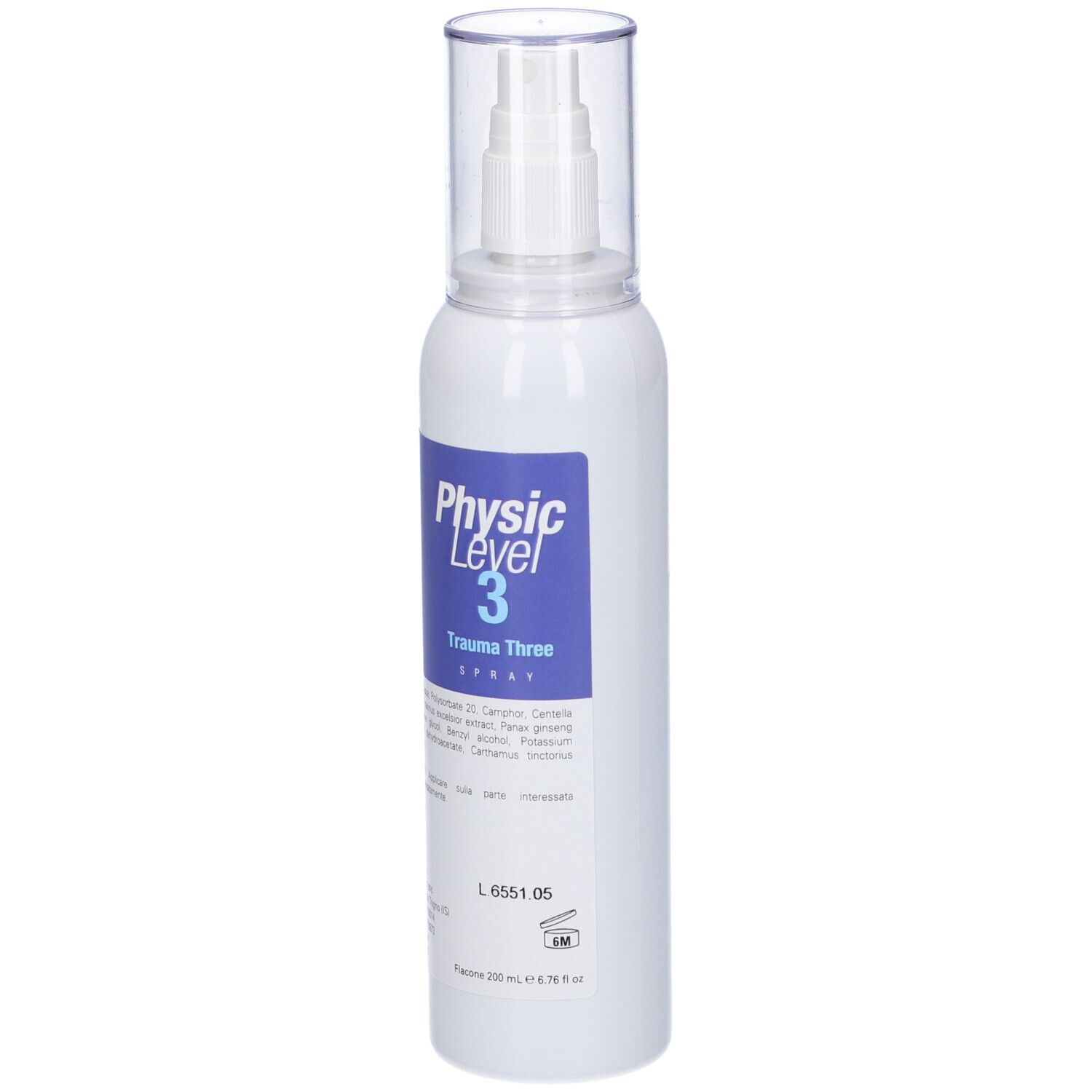 Flacone spray bianco con etichetta blu e tappo trasparente. Scritta: Physic Level 3 Trauma Three. Informazioni sul prodotto.