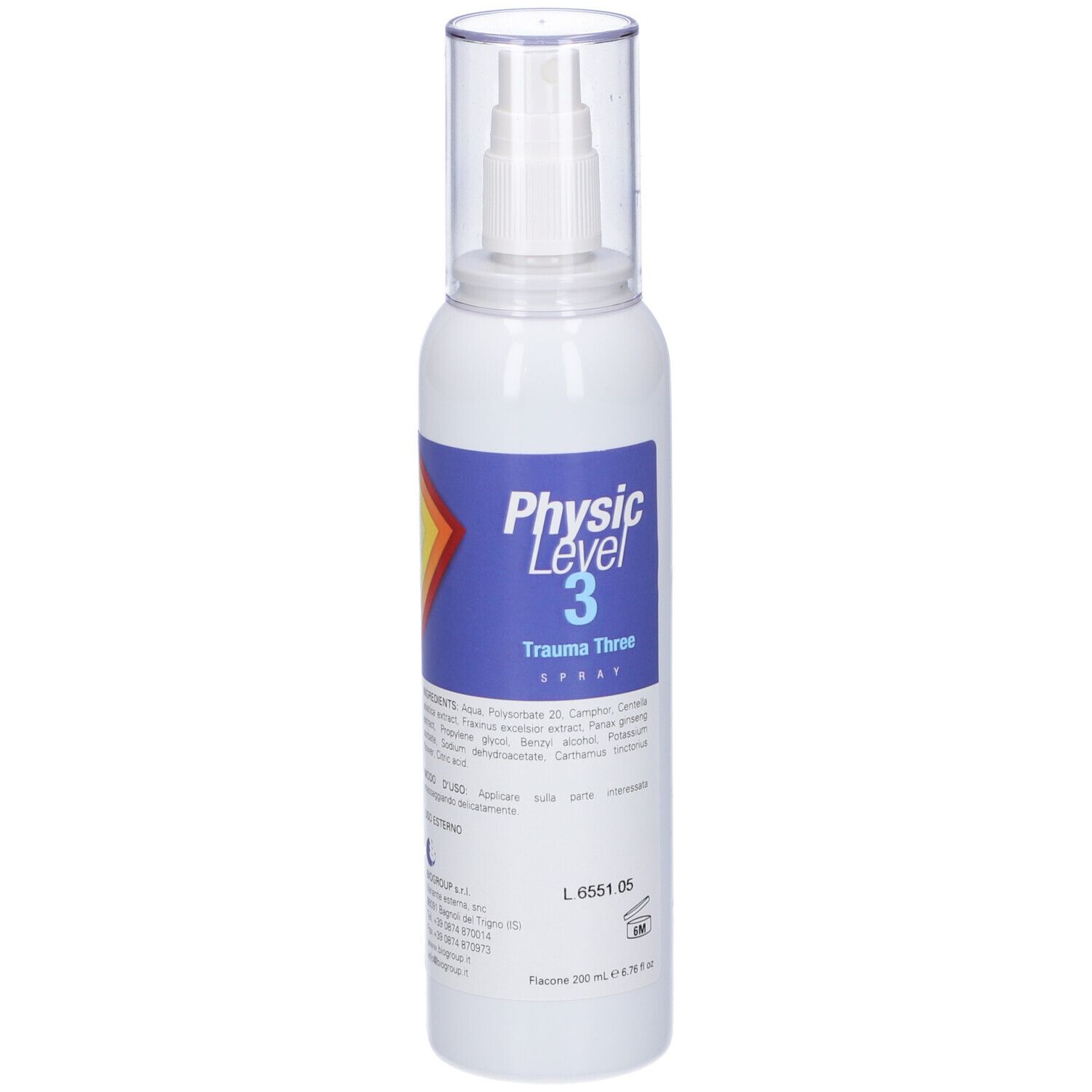 Flacone spray bianco con etichetta blu e tappo trasparente. Scritta: Physic Level 3 Trauma Three. Logo colorato.