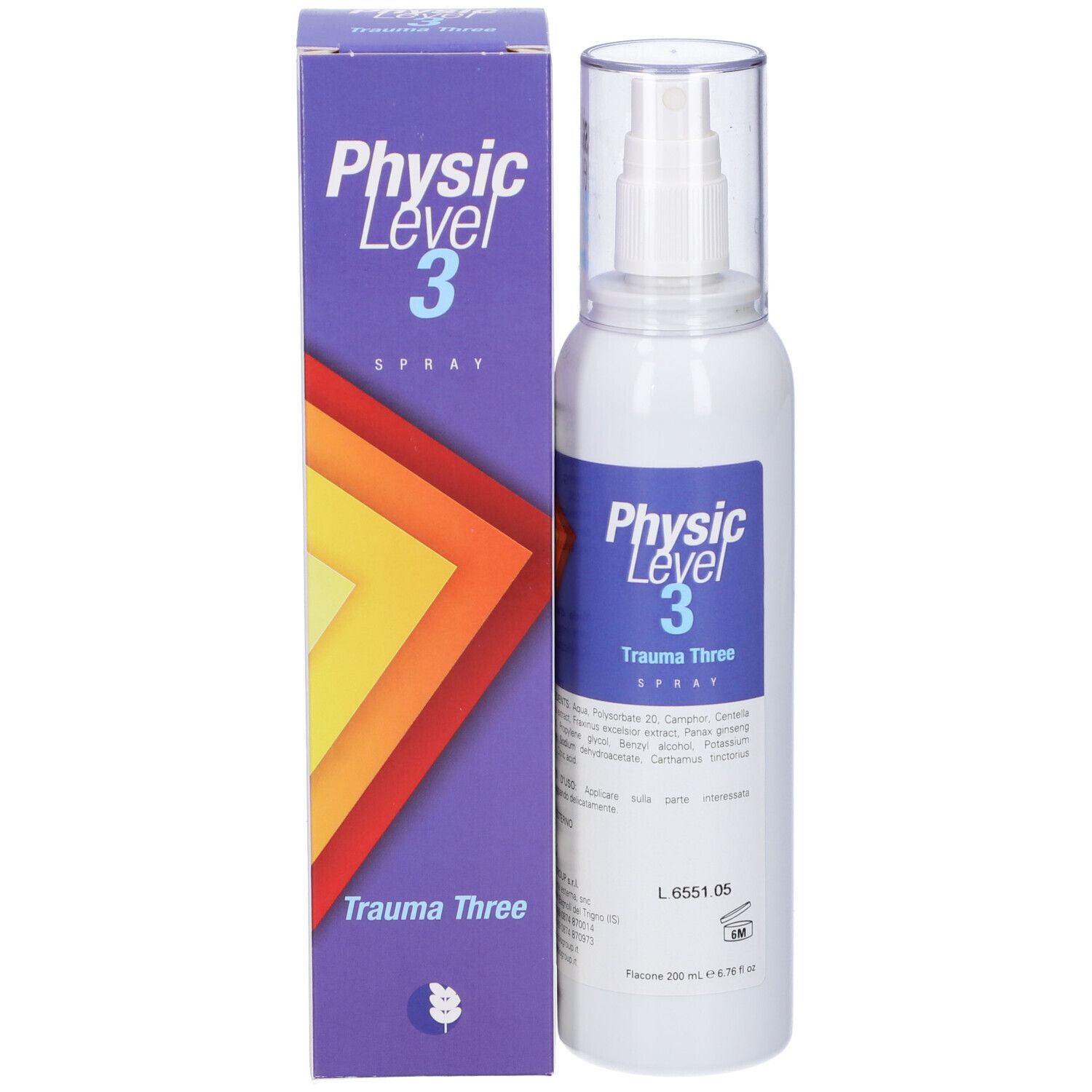 Flacone e confezione del prodotto. Flacone spray bianco con etichetta blu. Scritta: Physic Level 3 Trauma Three. Confezione rettangolare.
