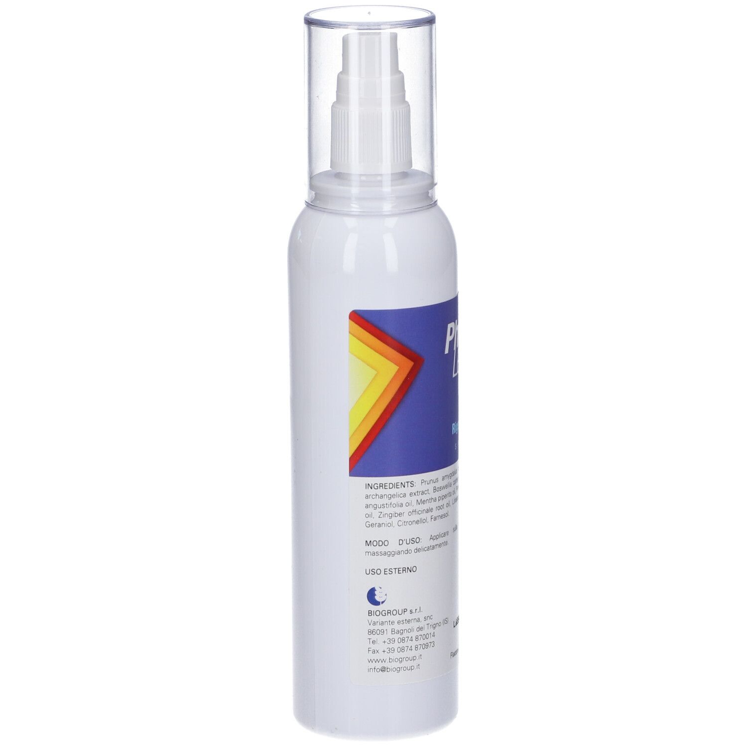 Flacone spray bianco con etichetta blu e design a freccia colorata. Scritta: Physic Level 9. Tappo trasparente.