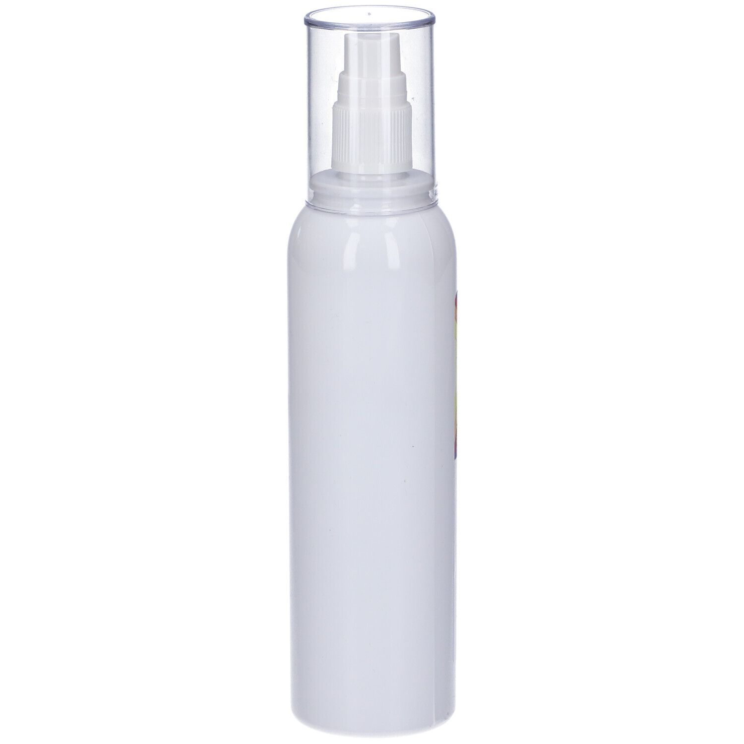 Flacone spray bianco con erogatore e tappo trasparenti. Nessun altro dettaglio visibile.