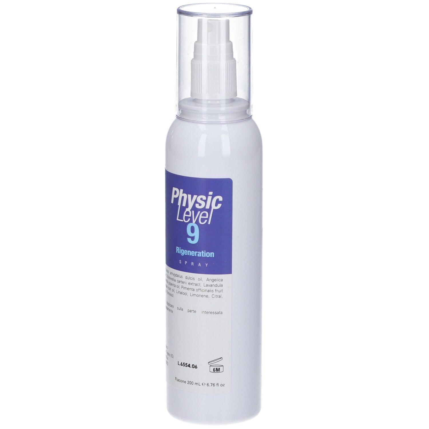Flacone spray bianco con etichetta blu. Scritta: Physic Level 9 Rigenaration Spray. Tappo trasparente.