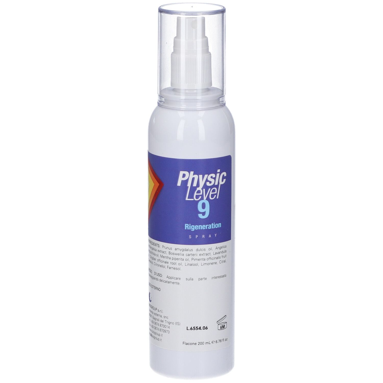 Flacone spray bianco con etichetta blu e design a freccia giallo-rossa. Scritta: Physic Level 9. Tappo trasparente.