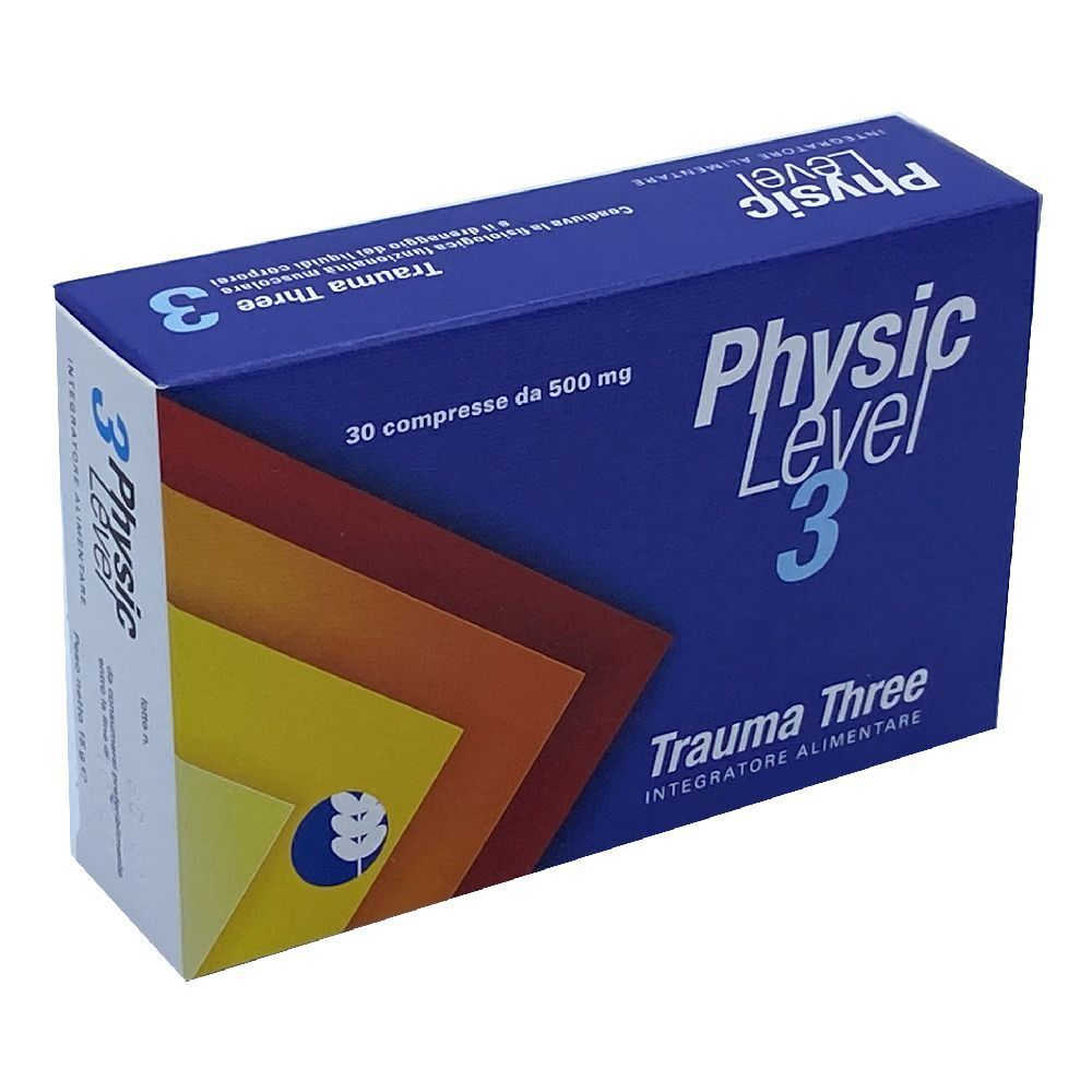 Scatola blu e bianca "Physic Level 3 Trauma Three". Contiene 30 compresse da 500 mg. Sfumatura di colori giallo, arancione e rosso.