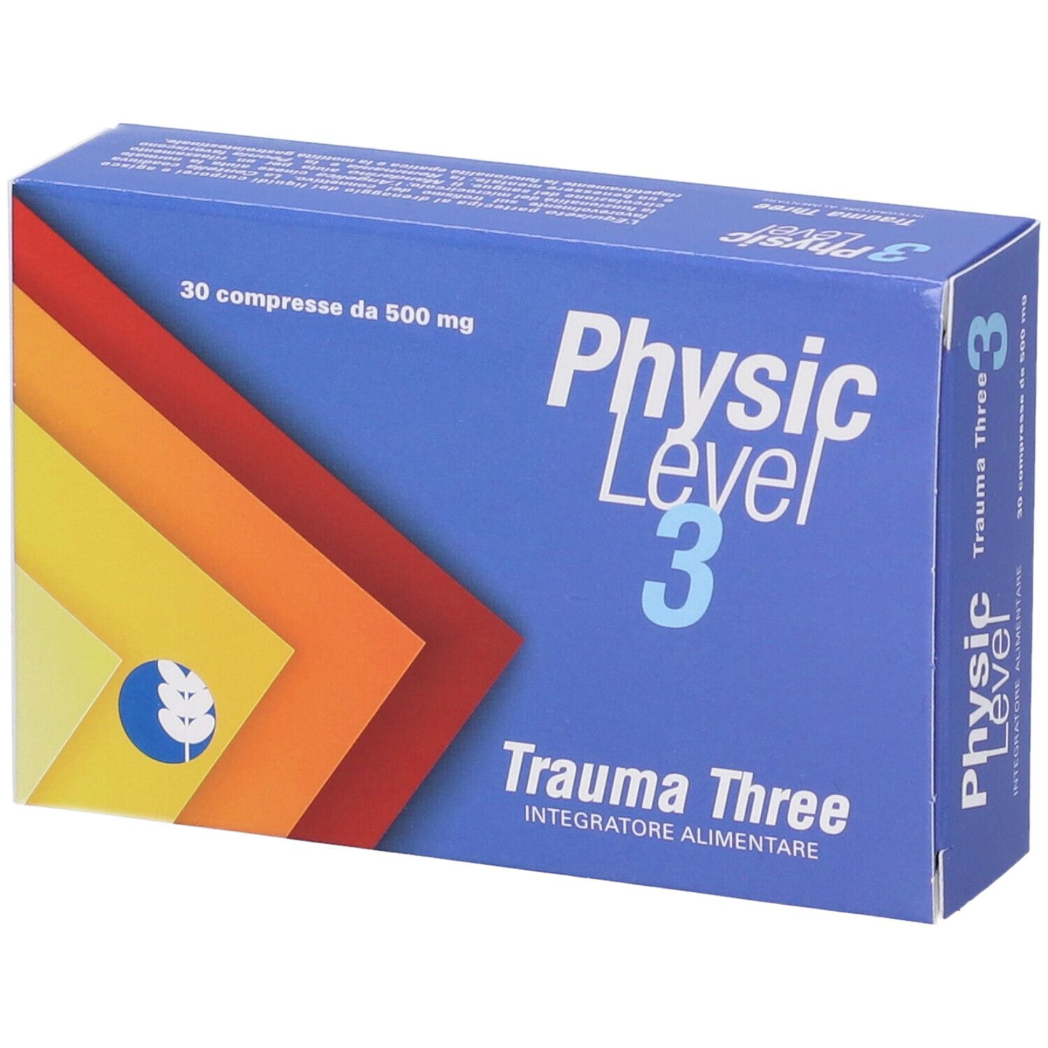 Scatola blu e bianca "Physic Level 3 Trauma Three". Contiene 30 compresse da 500 mg. Sfumatura di colori giallo, arancione e rosso.