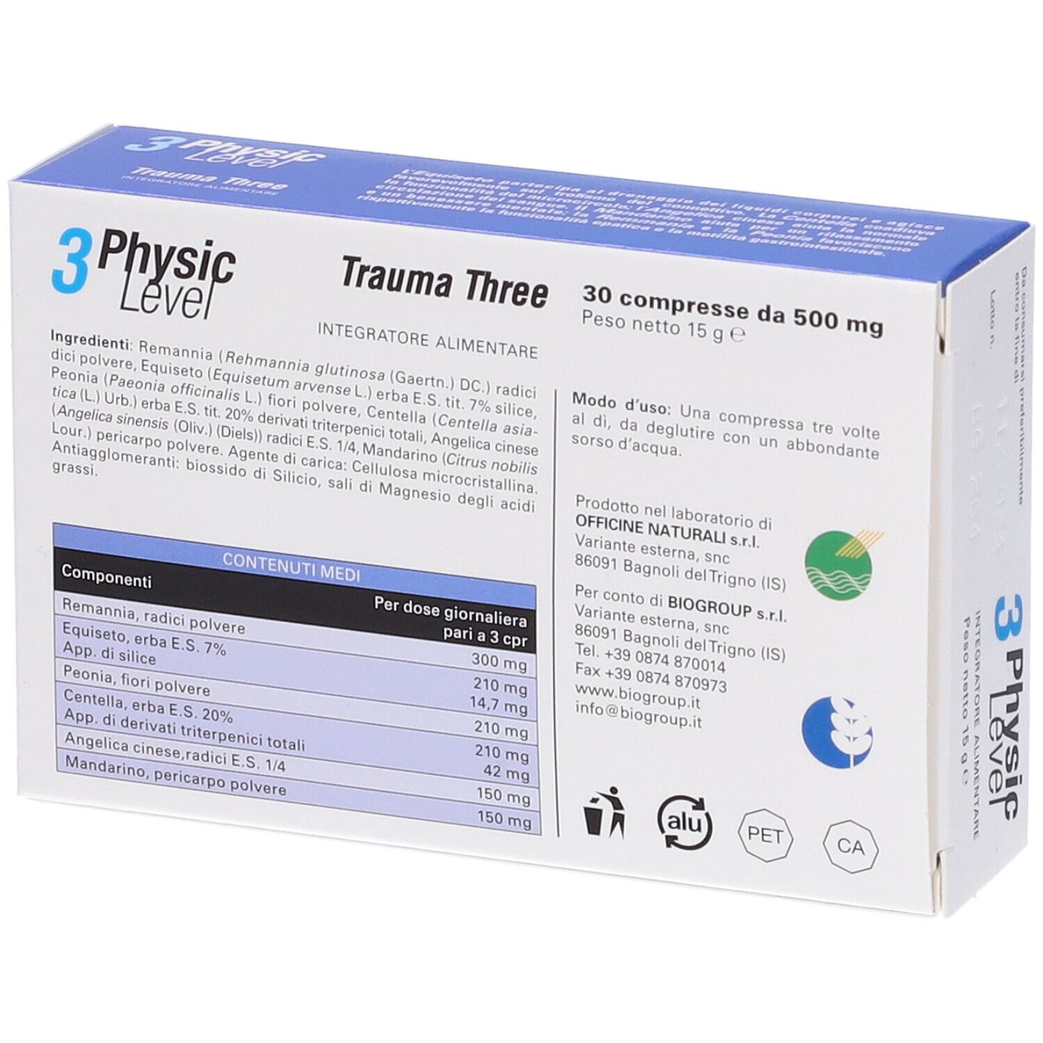 Retro della scatola "Physic Level 3 Trauma Three". Contiene ingredienti e istruzioni per l'uso. 30 compresse da 500 mg.