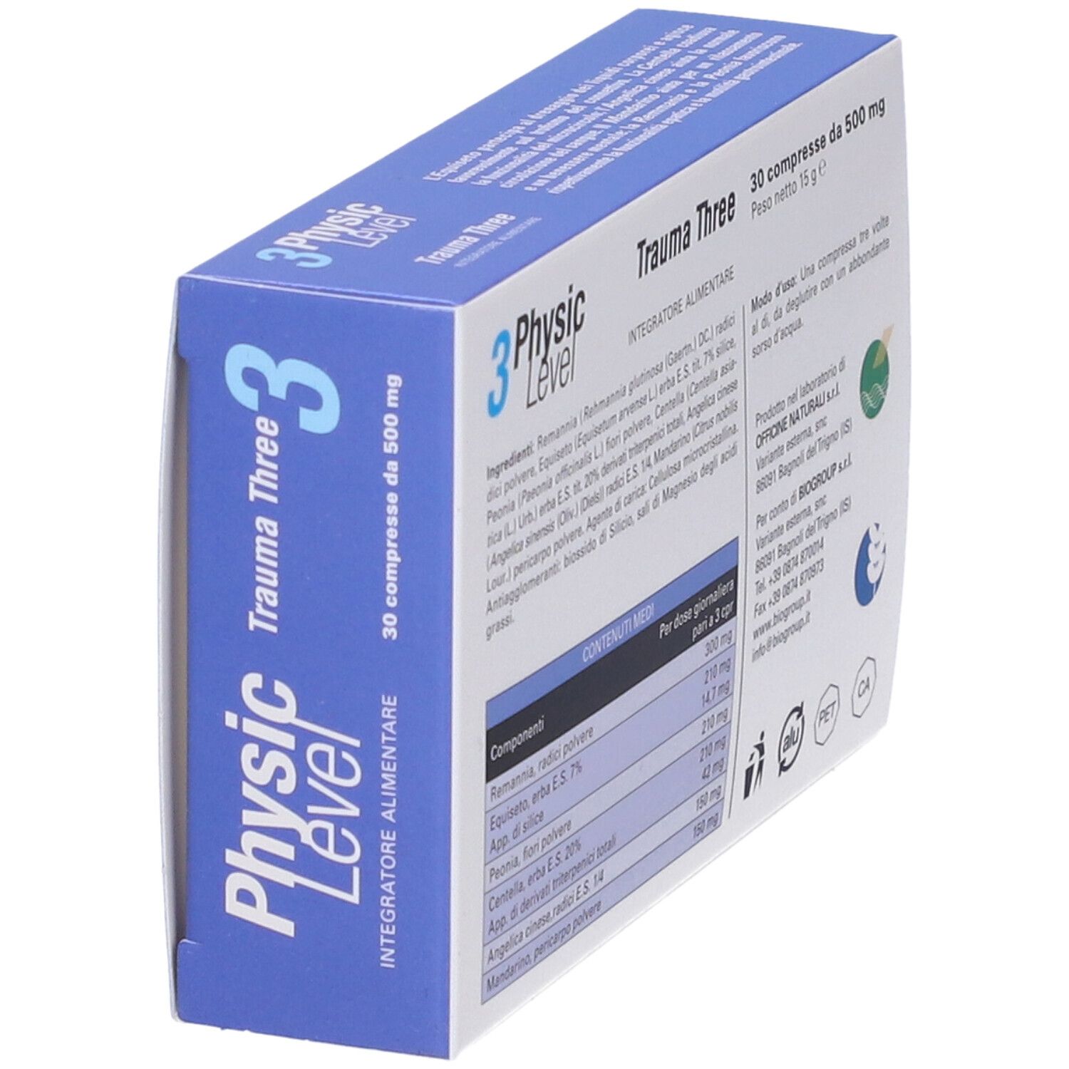 Scatola "Physic Level 3 Trauma Three" blu e bianca. Ingredienti e istruzioni. 30 compresse da 500 mg. Vista laterale.
