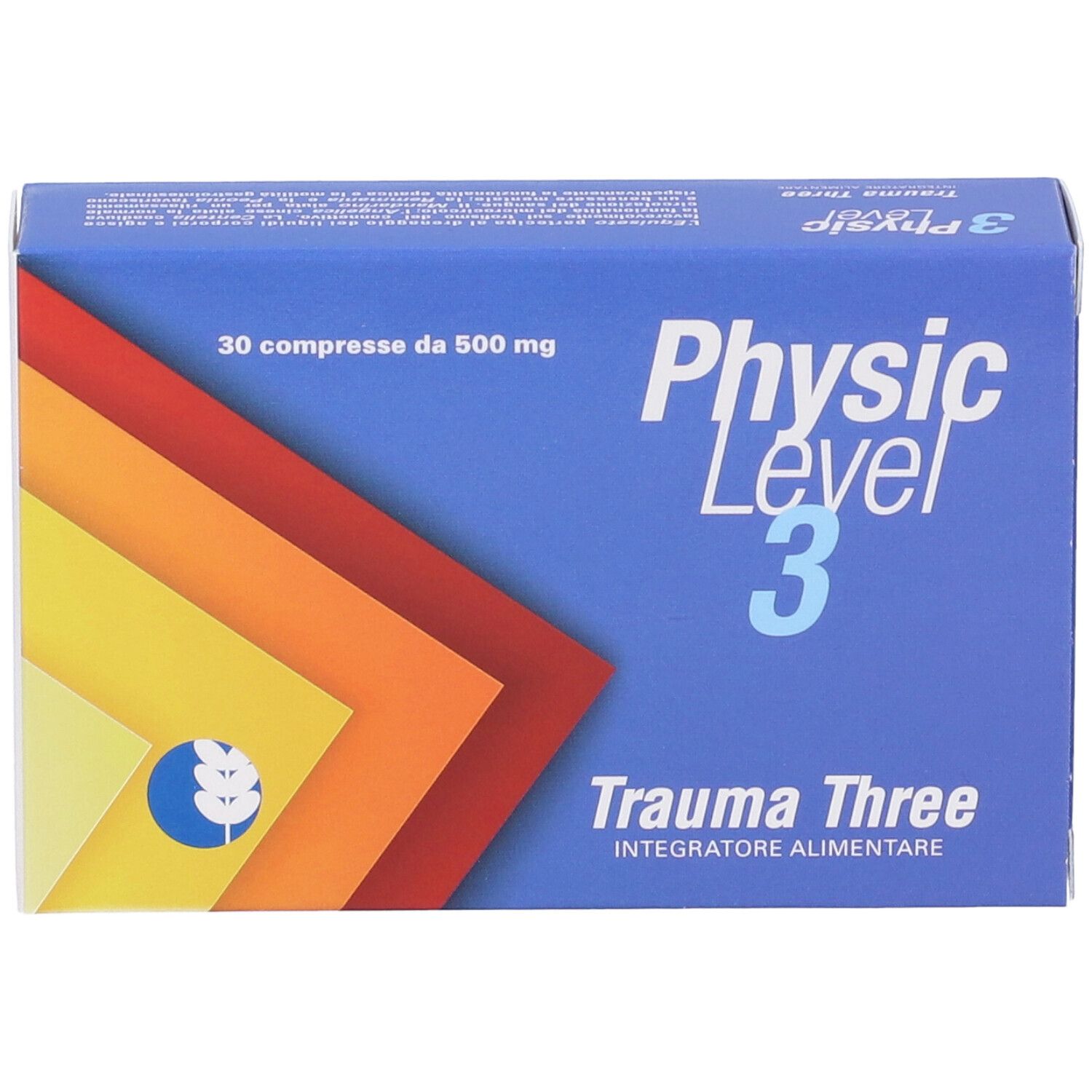 Scatola blu e bianca "Physic Level 3 Trauma Three". Contiene 30 compresse da 500 mg. Sfumatura di colori giallo, arancione e rosso.