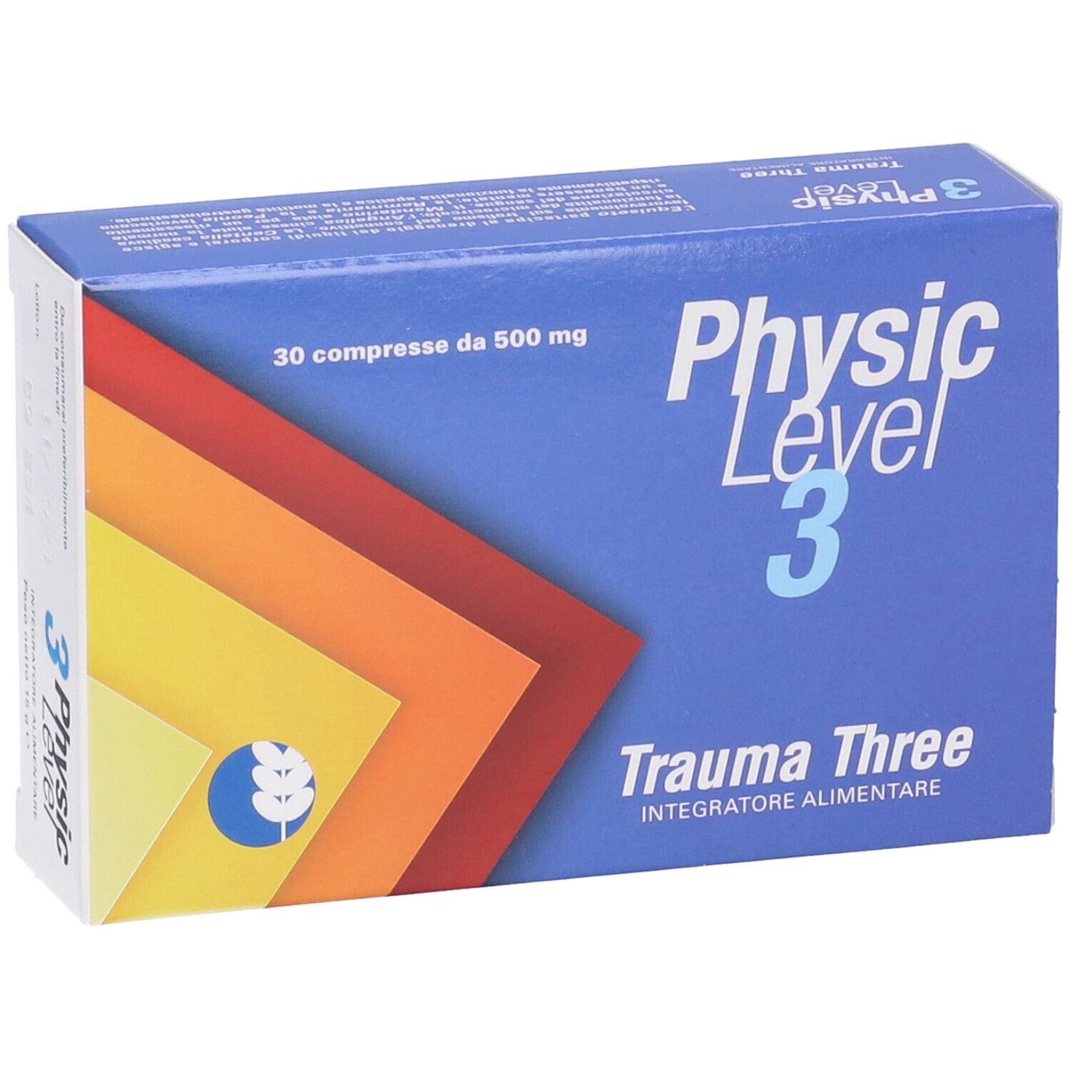 Scatola blu e bianca "Physic Level 3 Trauma Three". Contiene 30 compresse da 500 mg. Sfumatura di colori giallo, arancione e rosso.