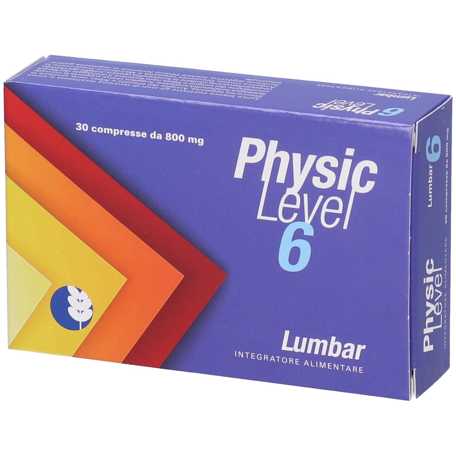 Scatola blu e bianca con logo "Physic Level 6 Lumbar". Contiene 30 compresse da 800 mg. Design a gradiente di colore.