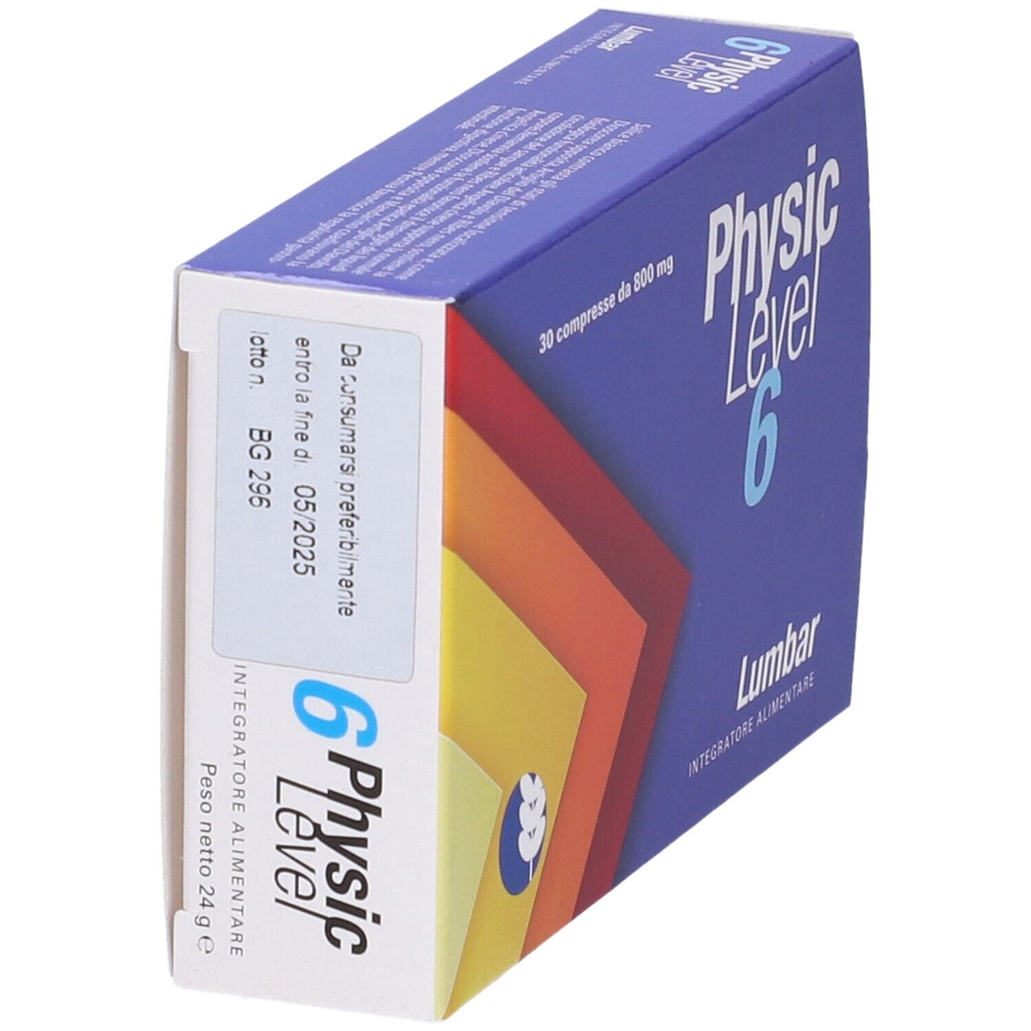 Scatola "Physic Level 6 Lumbar". Contiene 30 compresse da 800 mg. Retro con ingredienti e informazioni produttore.