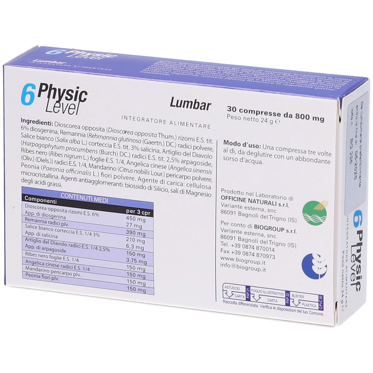 Retro della scatola "Physic Level 6 Lumbar". Contiene ingredienti, dosaggio e informazioni produttore.