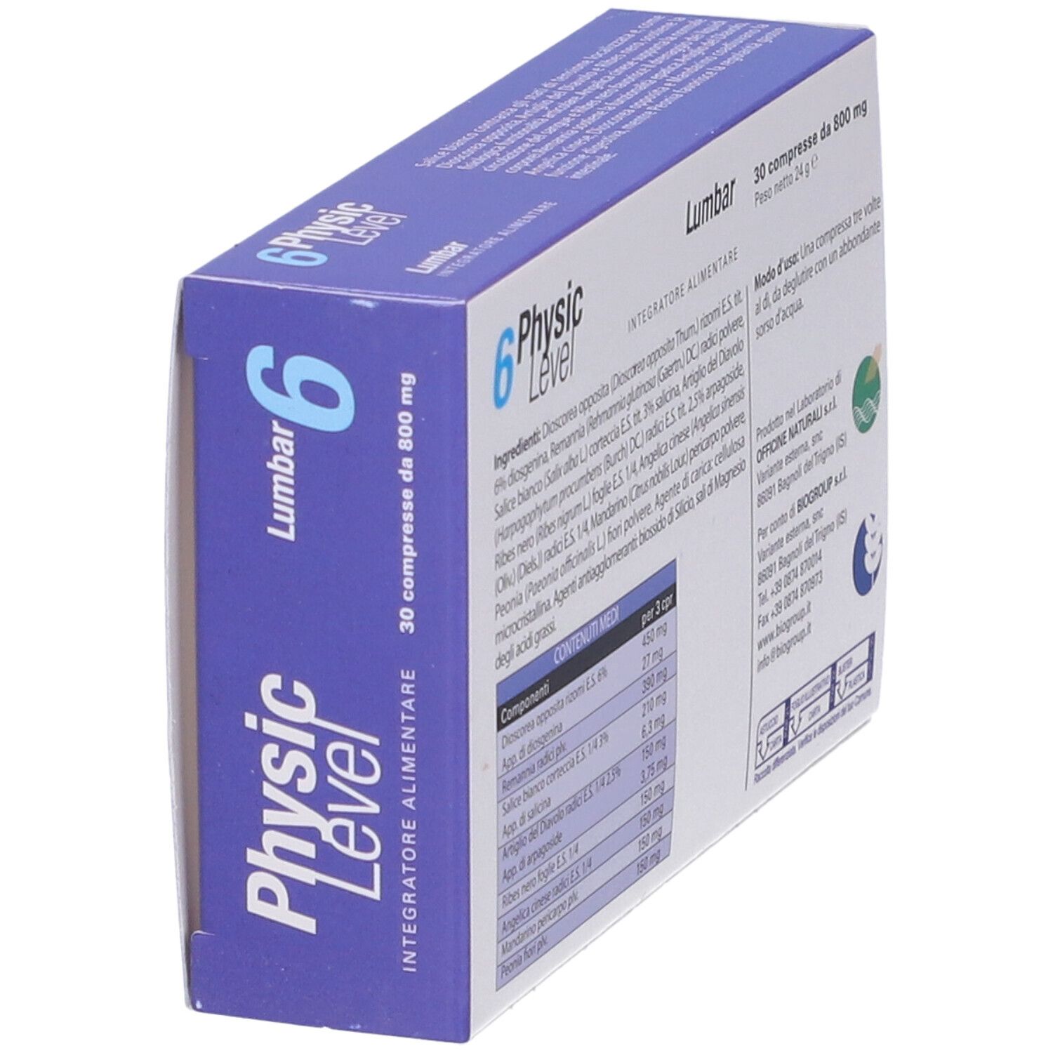 Scatola "Physic Level 6 Lumbar". Contiene 30 compresse da 800 mg. Retro con ingredienti e informazioni produttore.