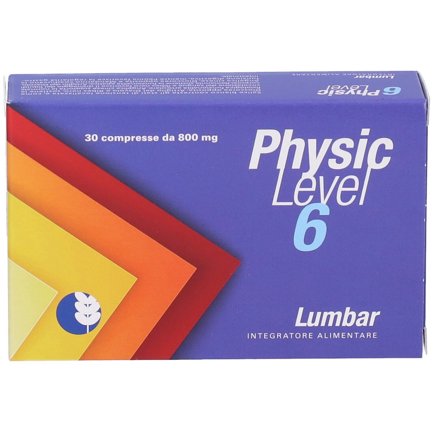 Scatola blu e bianca con logo "Physic Level 6 Lumbar". Contiene 30 compresse da 800 mg. Design a gradiente di colore.