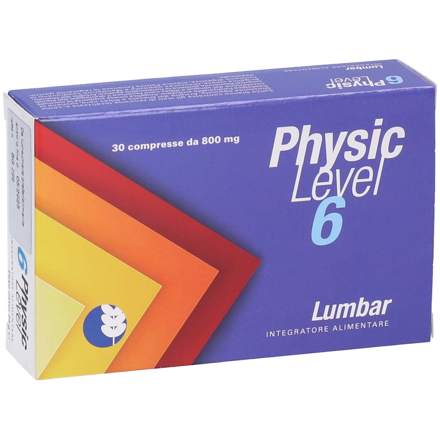 Scatola blu e bianca con logo "Physic Level 6 Lumbar". Contiene 30 compresse da 800 mg. Design a gradiente di colore.