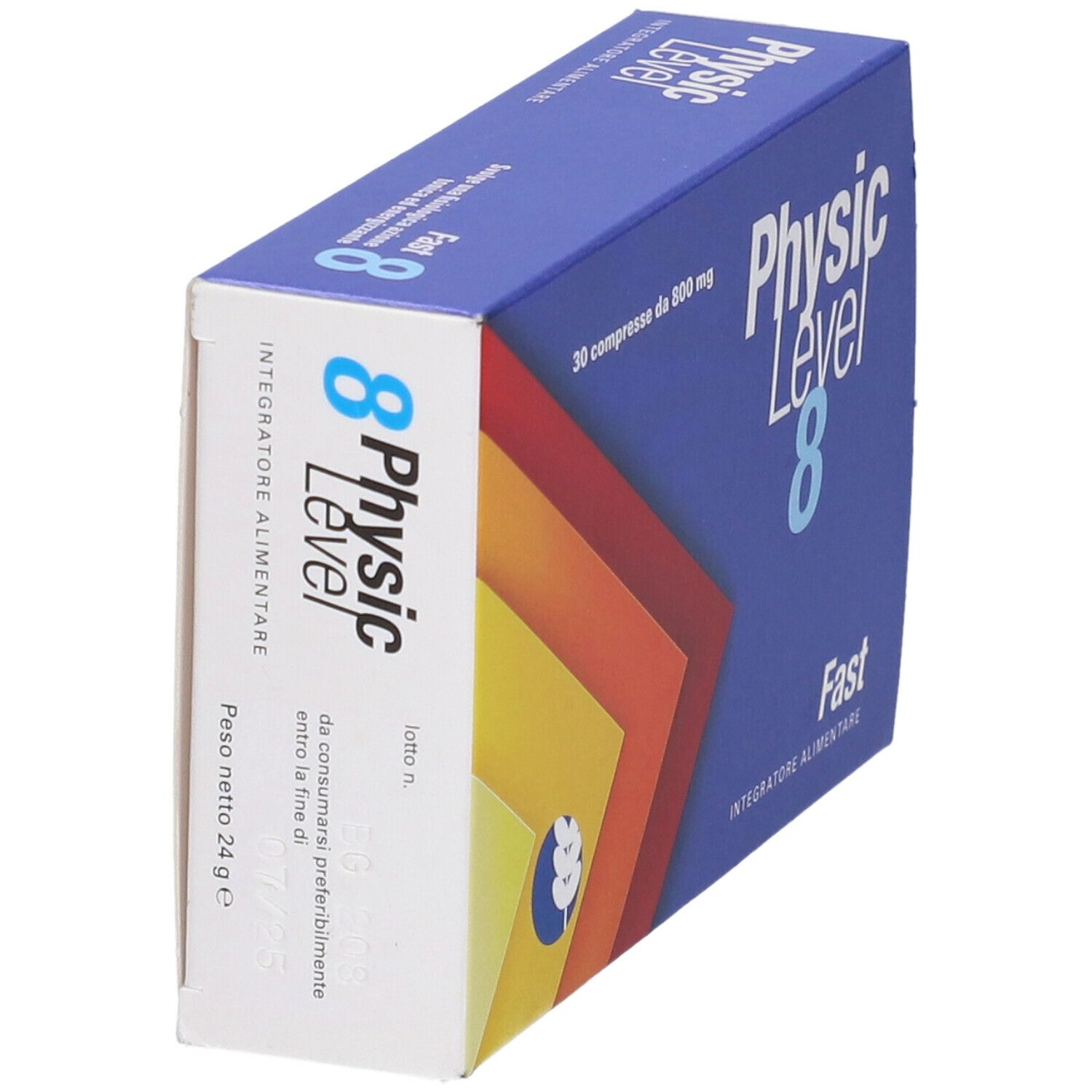 Scatola blu e bianca con nome e dettagli del prodotto. Contiene 30 compresse da 800 mg. Sfondo multicolore.