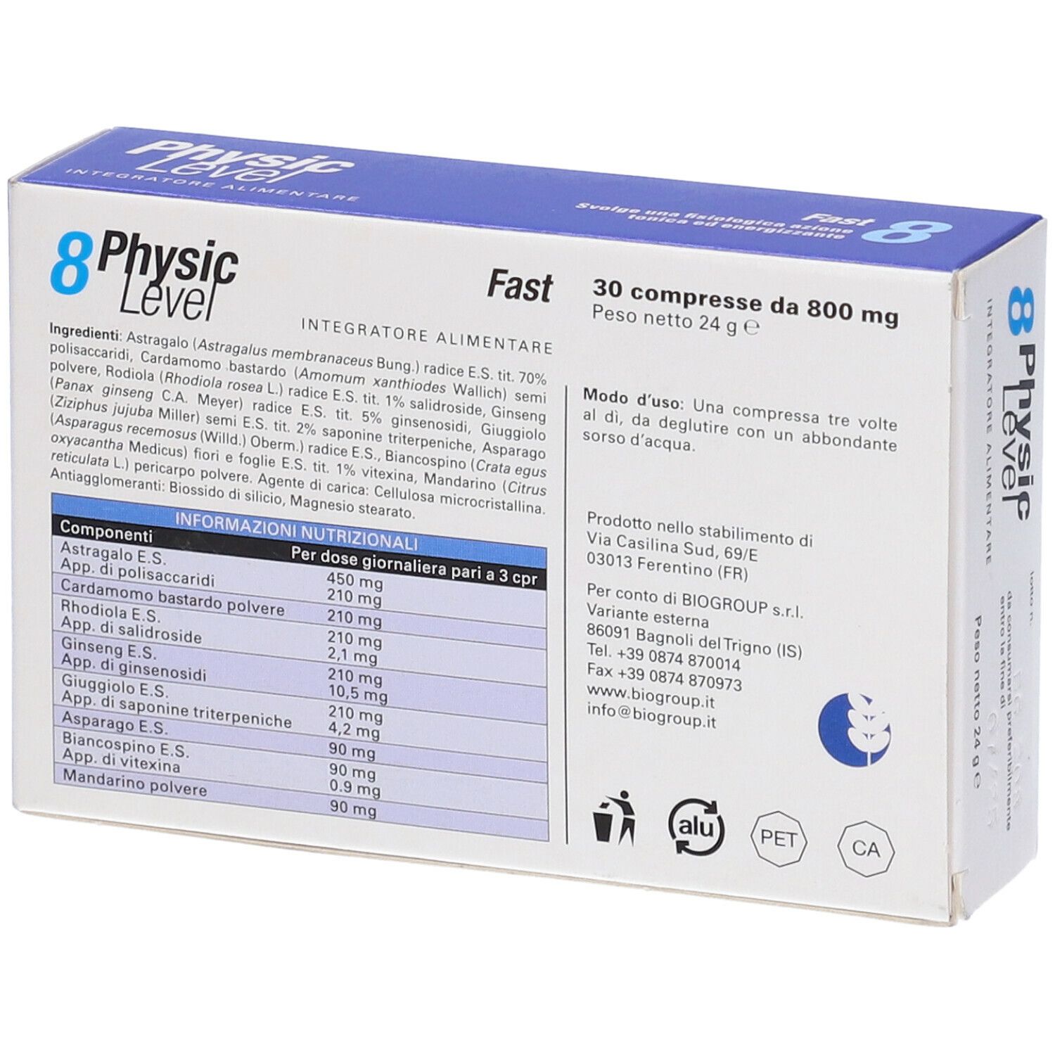 Retro della scatola con ingredienti e informazioni nutrizionali. Contiene 30 compresse da 800 mg. Informazioni produttore.