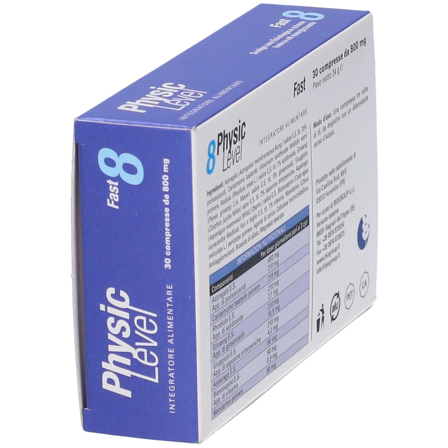 Scatola con nome e dettagli del prodotto. Contiene 30 compresse da 800 mg. Sfondo multicolore. Vista laterale.