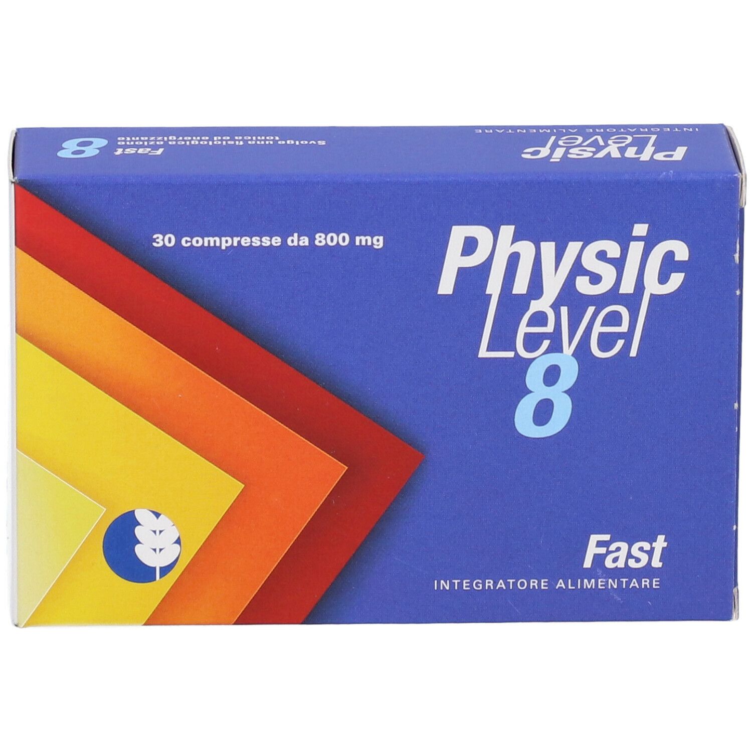 Scatola blu e bianca con nome e dettagli del prodotto. Contiene 30 compresse da 800 mg. Sfondo multicolore.