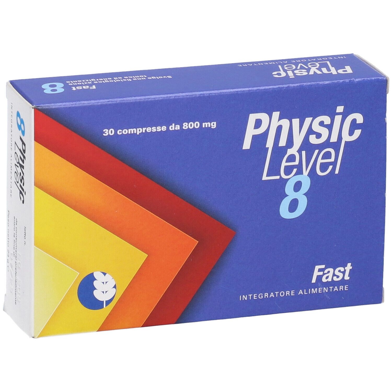 Scatola blu e bianca con nome e dettagli del prodotto. Contiene 30 compresse da 800 mg. Sfondo multicolore.