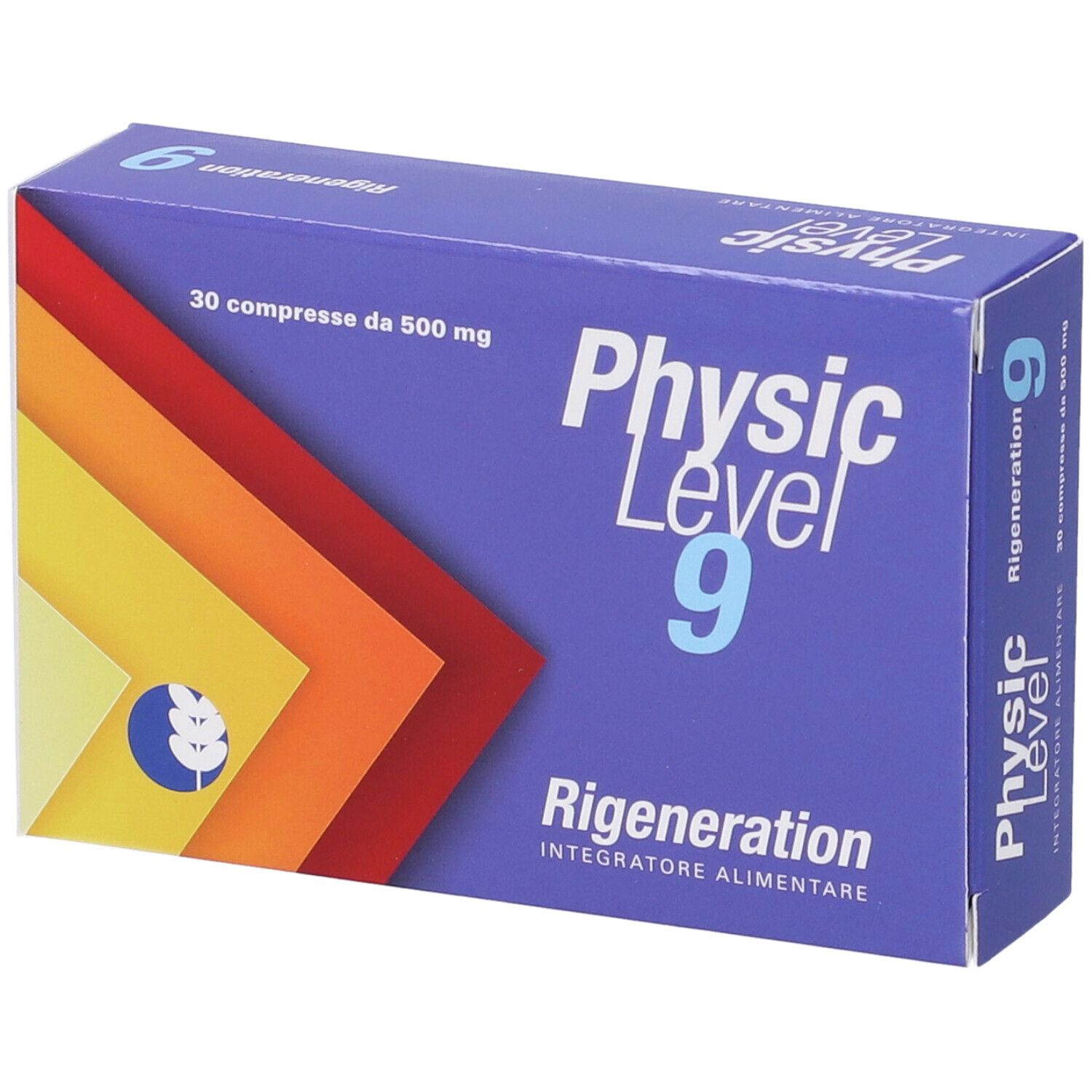 Scatola blu e bianca con nome del prodotto e scritta '30 compresse da 500 mg'. Sfondo multicolore.