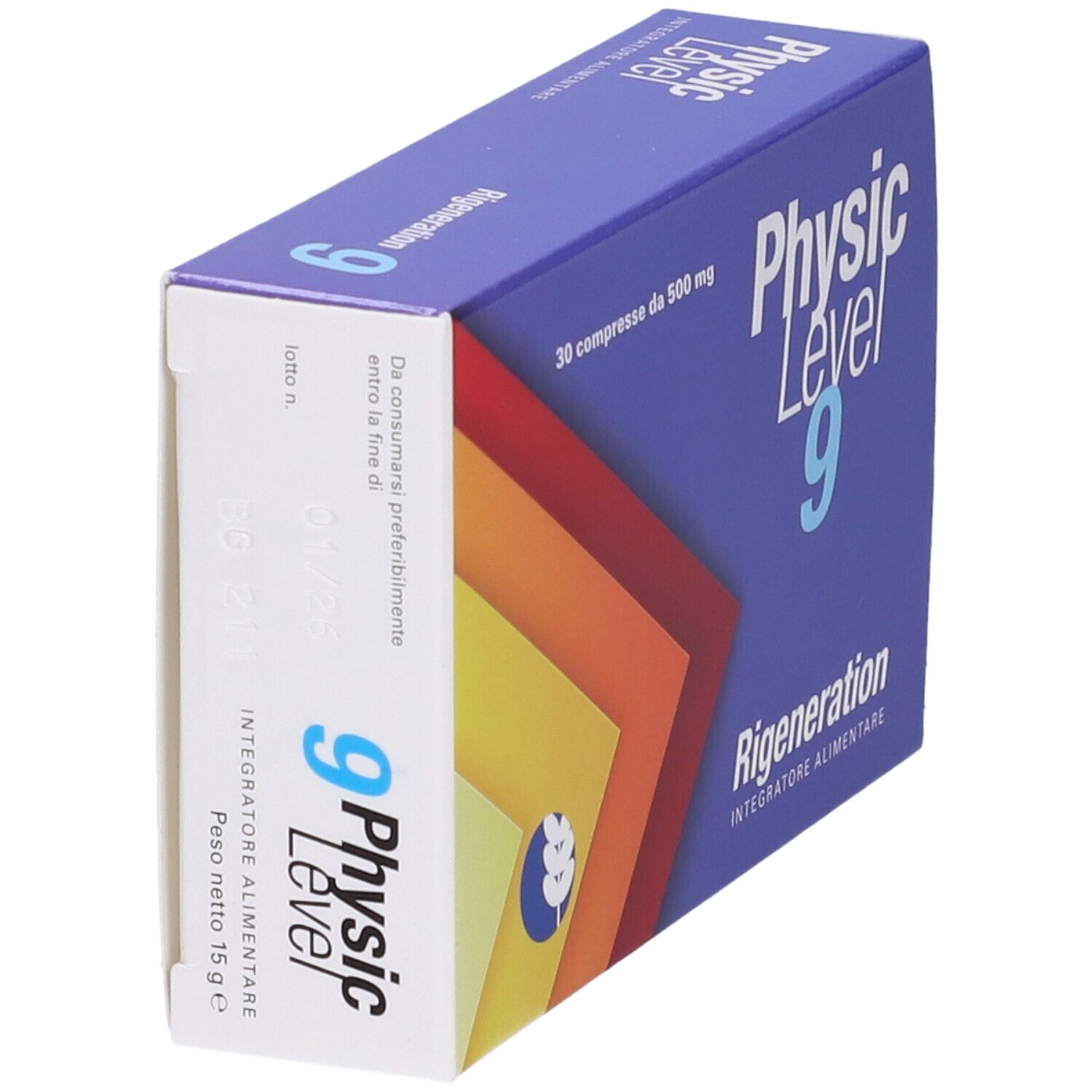 Scatola blu e bianca con nome del prodotto e scritta '30 compresse da 500 mg'. Sfondo multicolore.