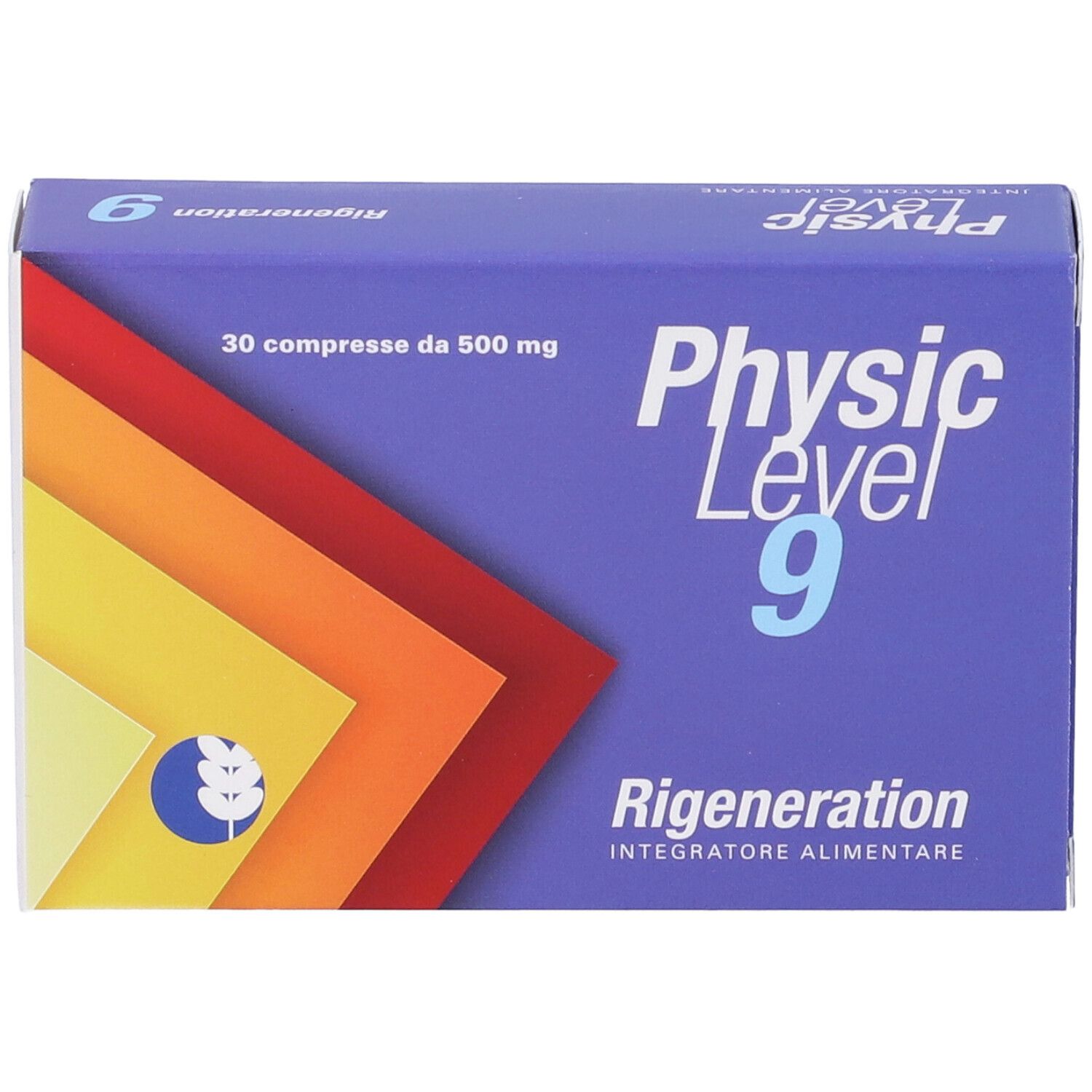 Scatola blu e bianca con nome del prodotto e scritta '30 compresse da 500 mg'. Sfondo multicolore.