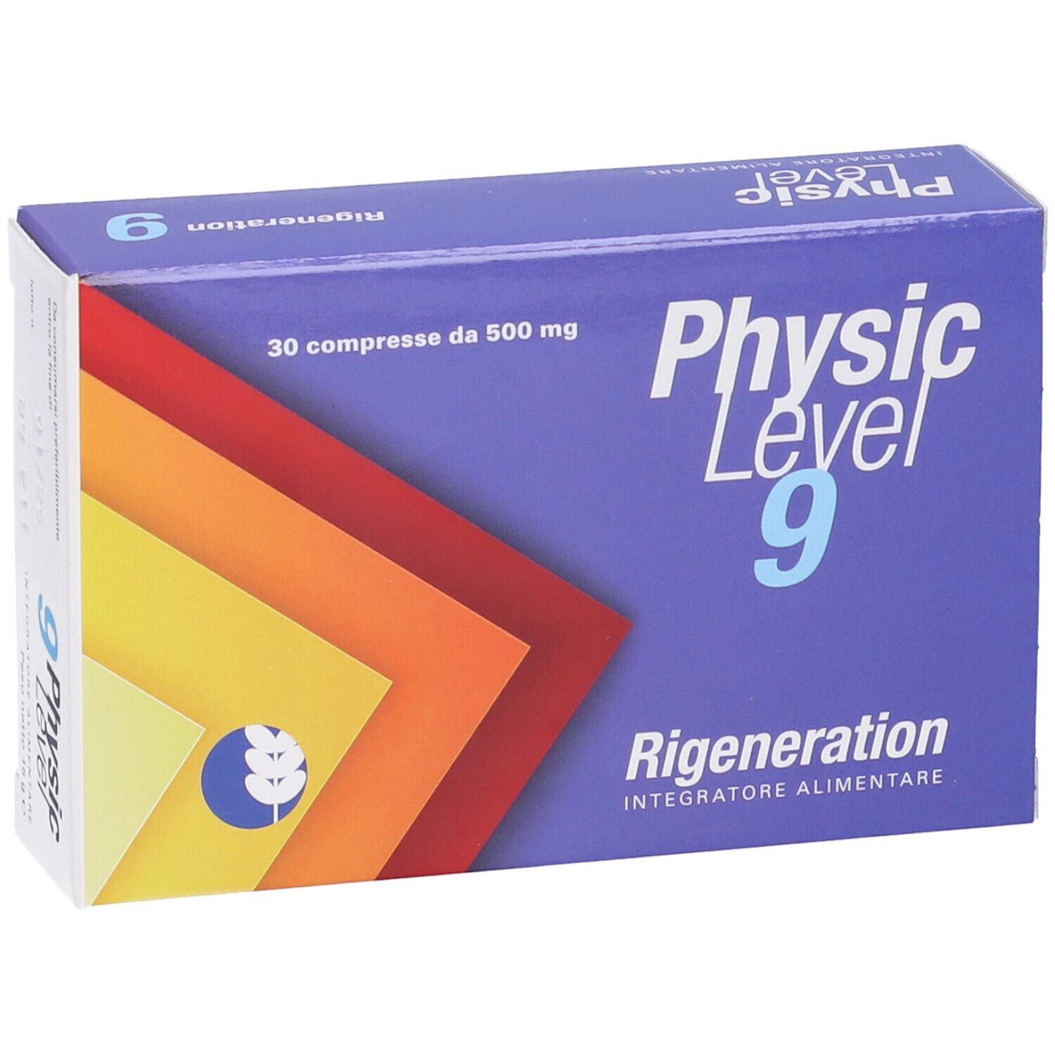 Scatola blu e bianca con nome del prodotto e scritta '30 compresse da 500 mg'. Sfondo multicolore.