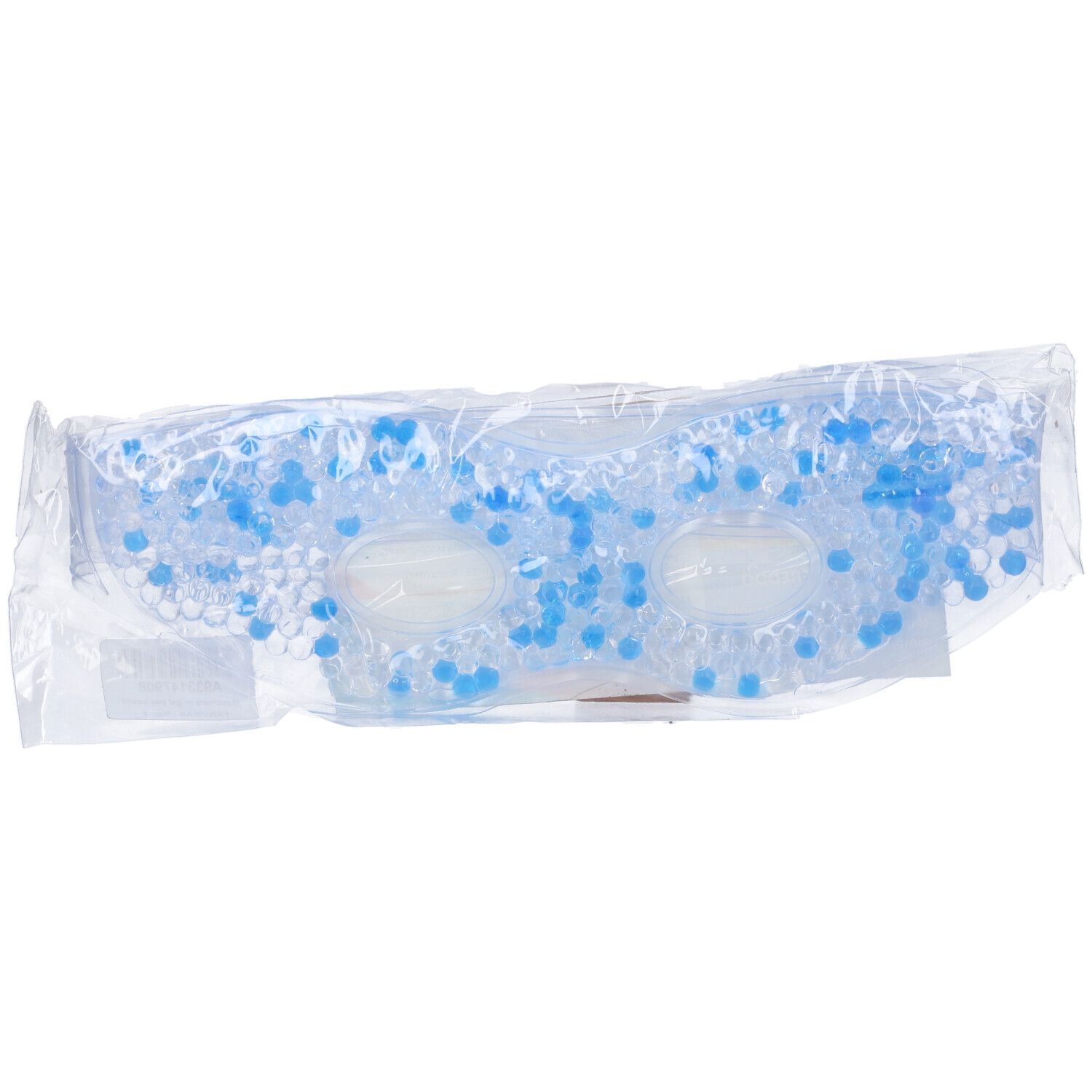 Maschera per occhi in gel con microsfere blu, confezionata in plastica. Fori per gli occhi visibili.