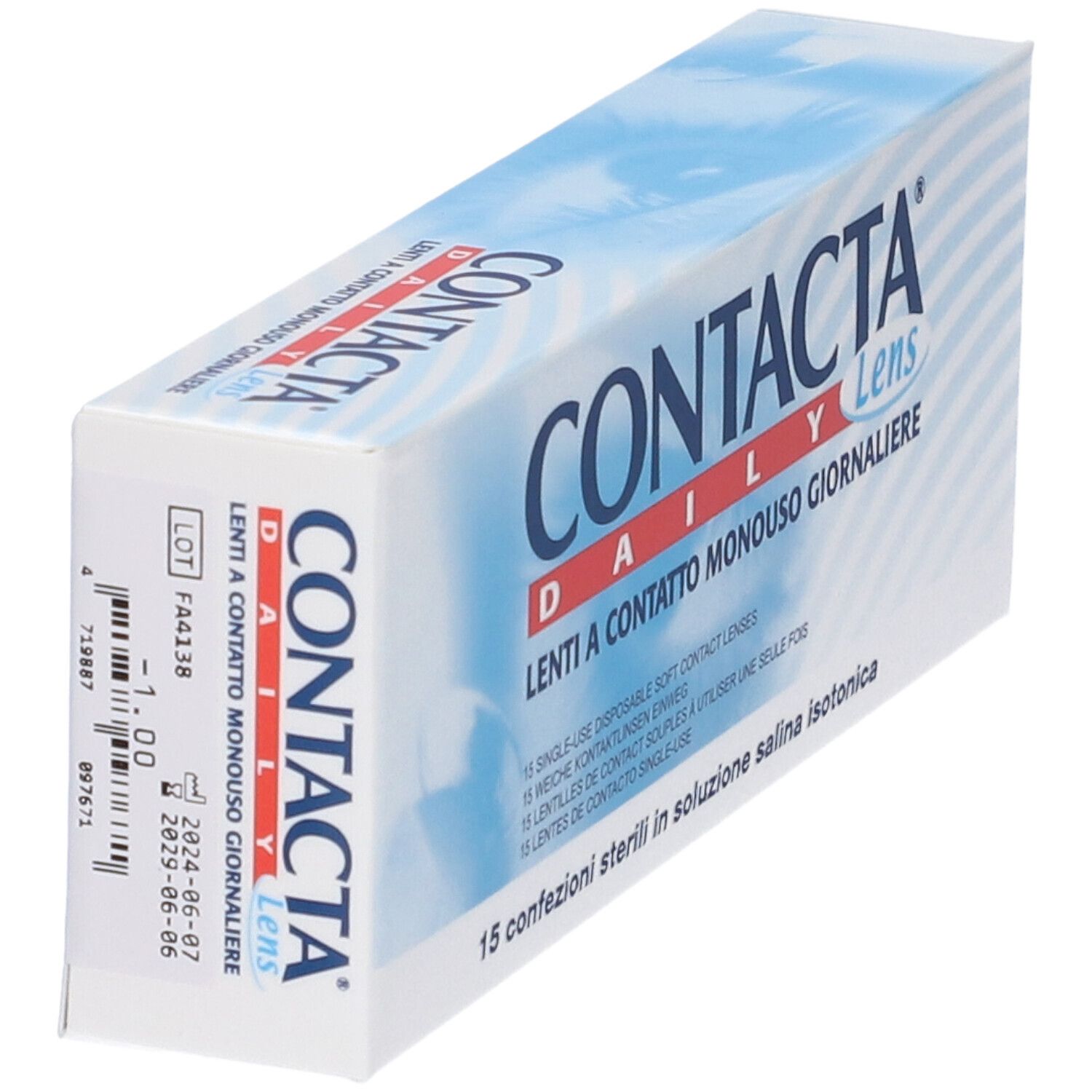 Confezione lenti CONTACTA DAILY Lens. 15 lenti. Confezione singola. Con codice a barre.
