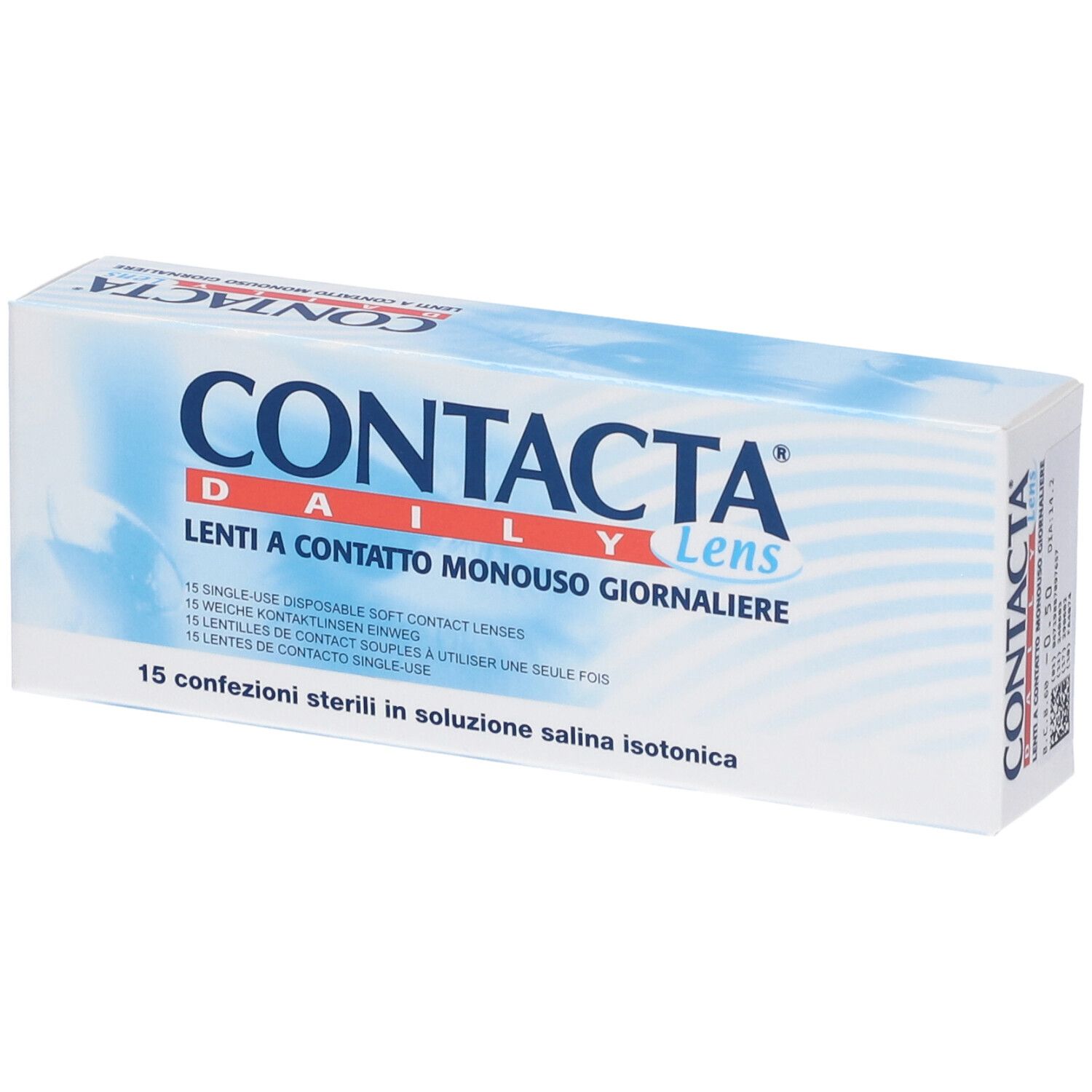 Scatola di lenti a contatto CONTACTA DAILY Lens. Cartone bianco con testo blu. Testo multilingue.