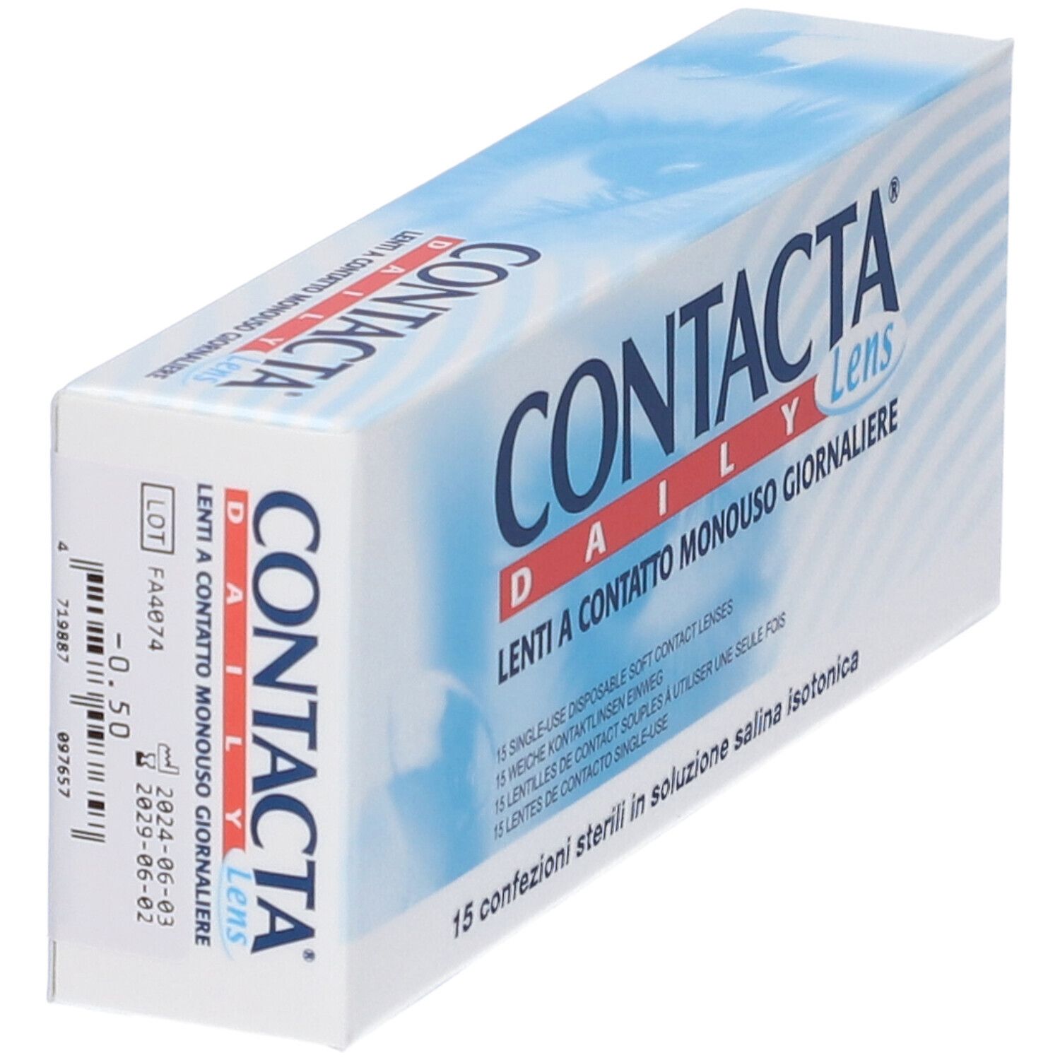 Scatola di lenti a contatto CONTACTA DAILY Lens inclinata. Testo multilingue.
