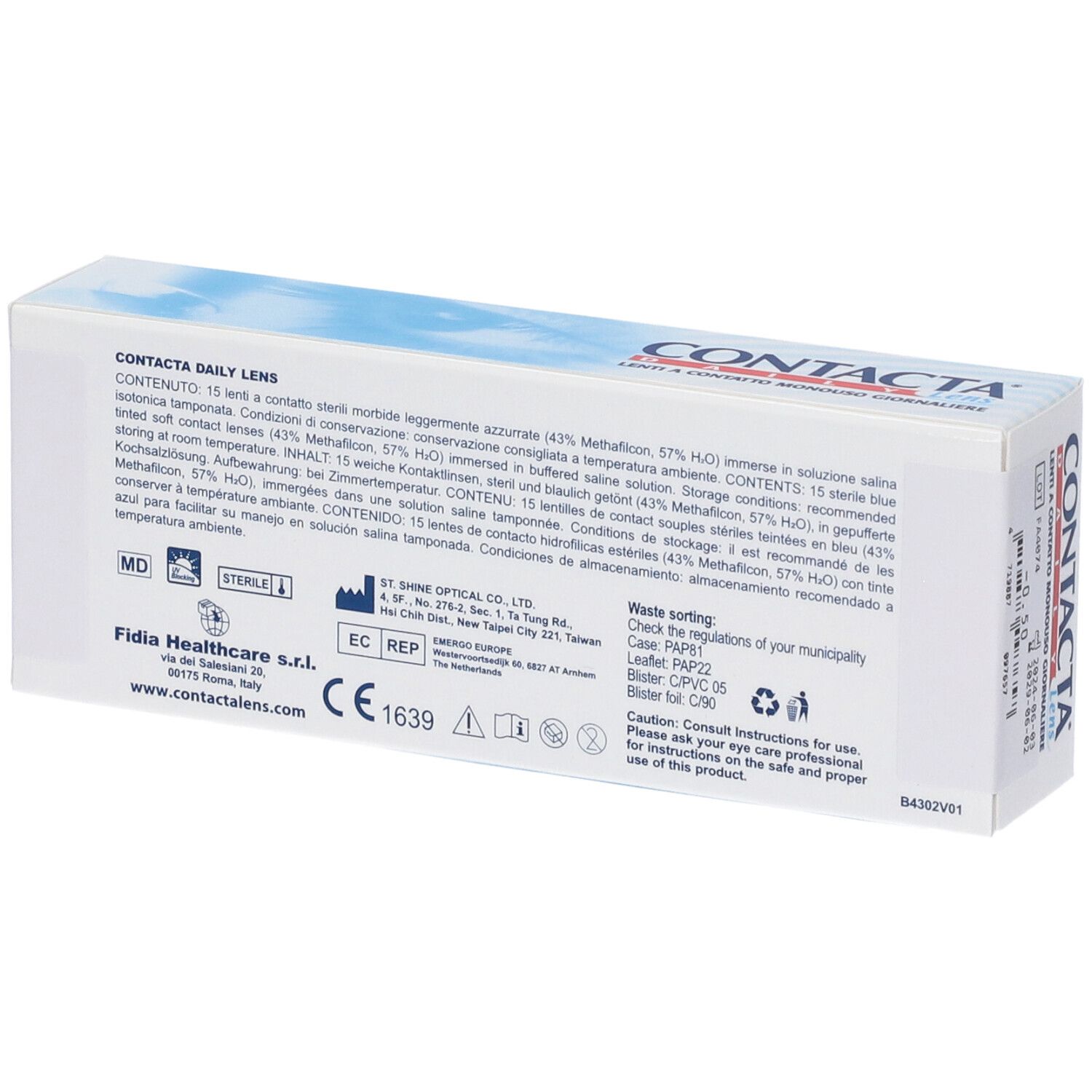 Retro della scatola di lenti a contatto. Testo multilingue, informazioni produttore, marchio CE.