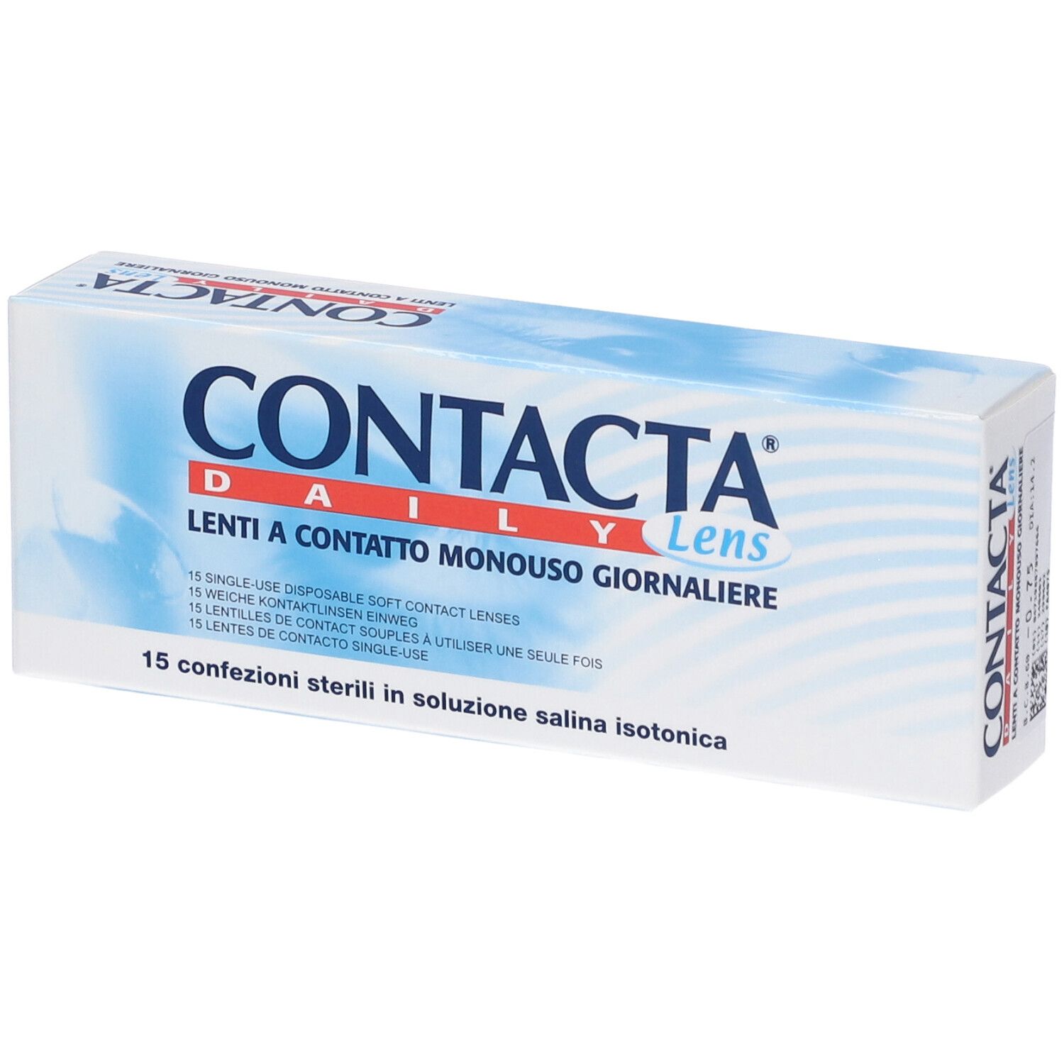 Confezione di lenti a contatto CONTACTA Daily Lens. 15 lenti morbide. Informazioni multilingue.