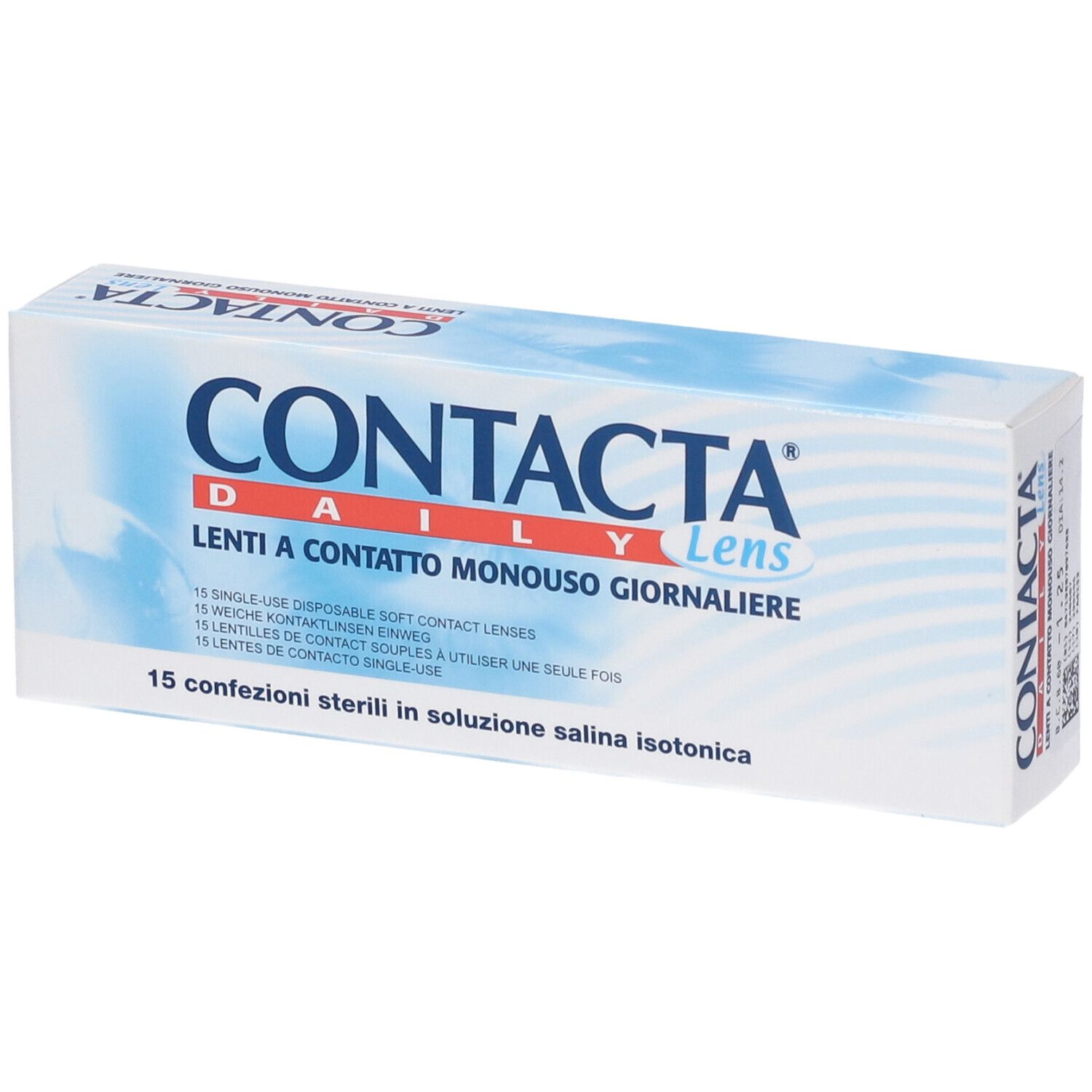 Confezione di lenti a contatto. Scritta: CONTACTA Daily Lens, Lenti a Contatto Monouso Giornaliere. 15 confezioni sterili.
